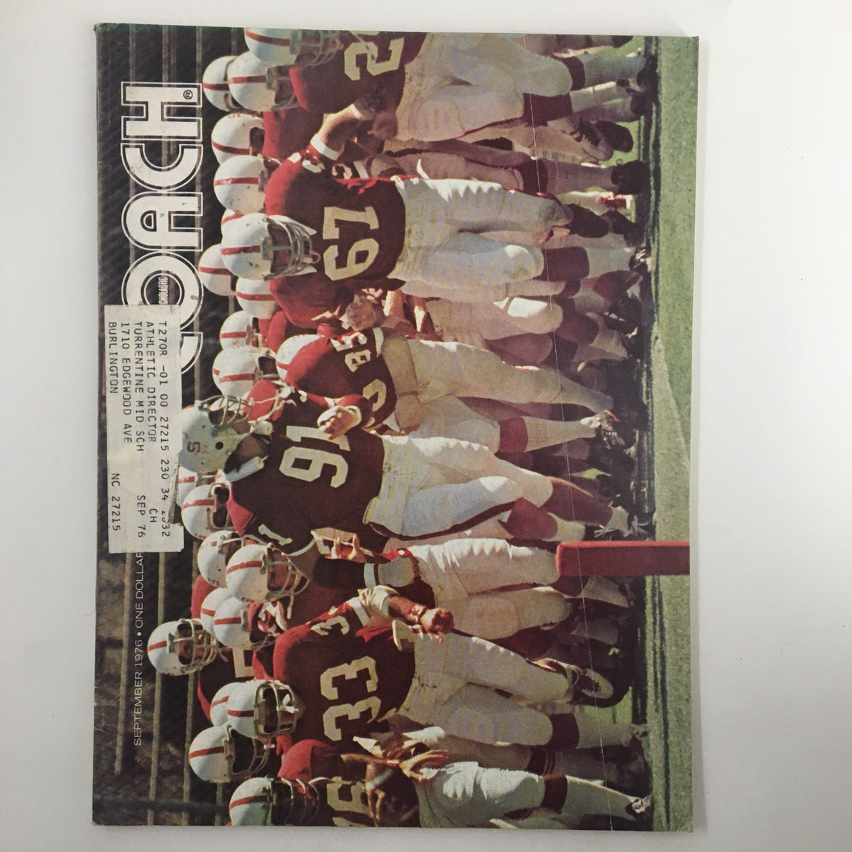 Cover of VTG Scholastic Coach Magazine September 1976 featuring a football team in red jerseys preparing for a game, showcasing vintage sports culture.