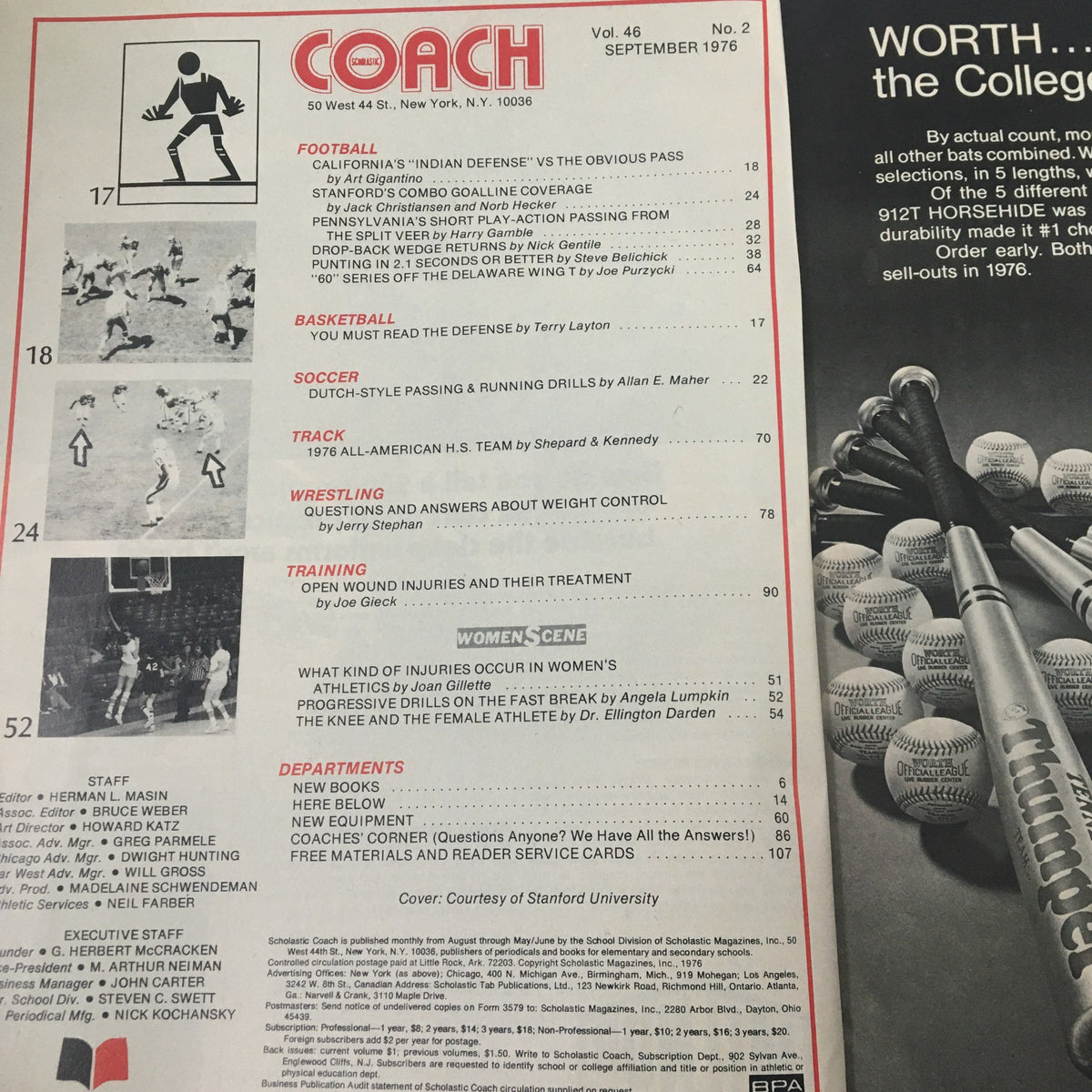Inside page of VTG Scholastic Coach Magazine September 1976 displaying the table of contents with sections on football, basketball, soccer, and wrestling.