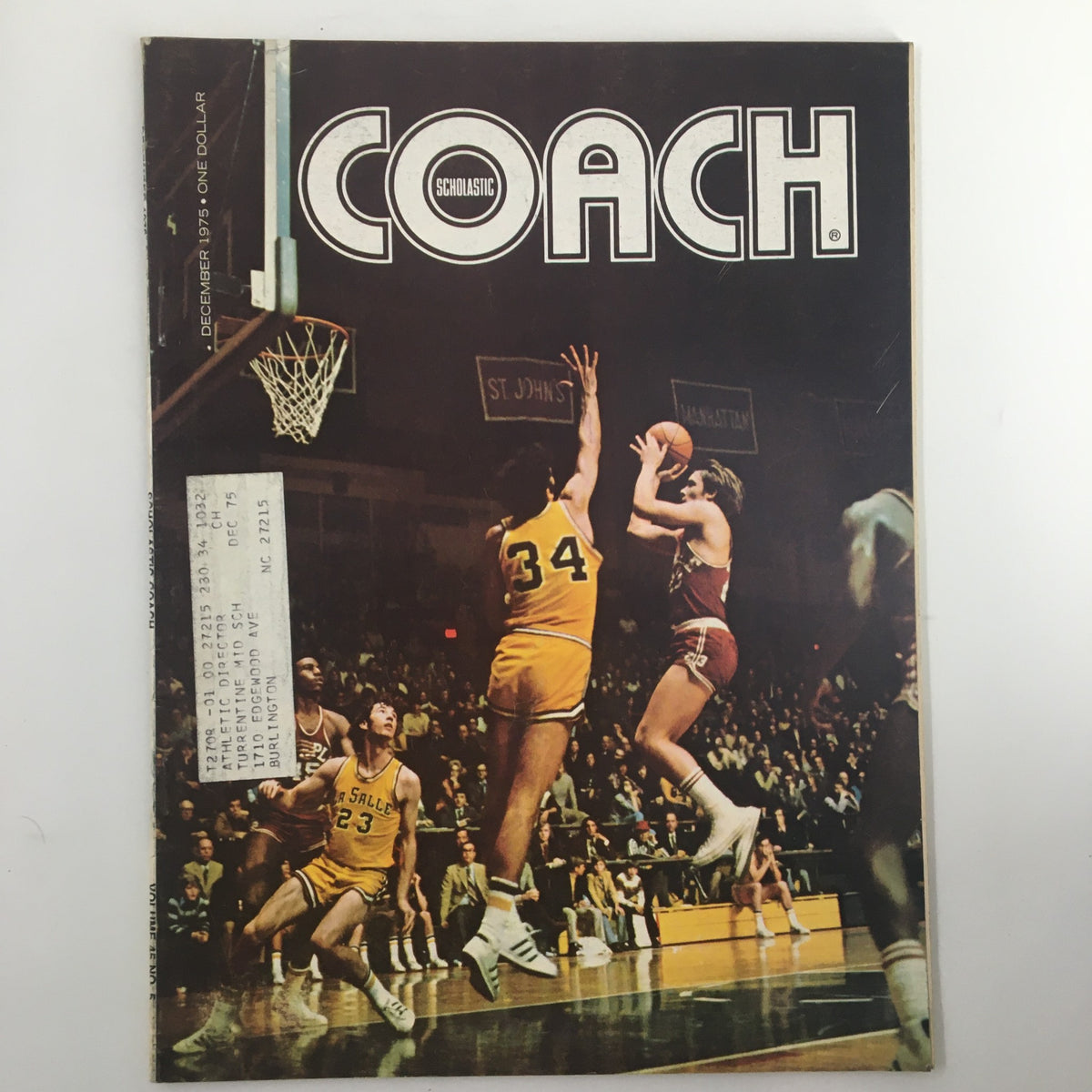 VTG Scholastic Coach Magazine December 1975 featuring a dynamic basketball action cover photo, showcasing athletes in a competitive game.