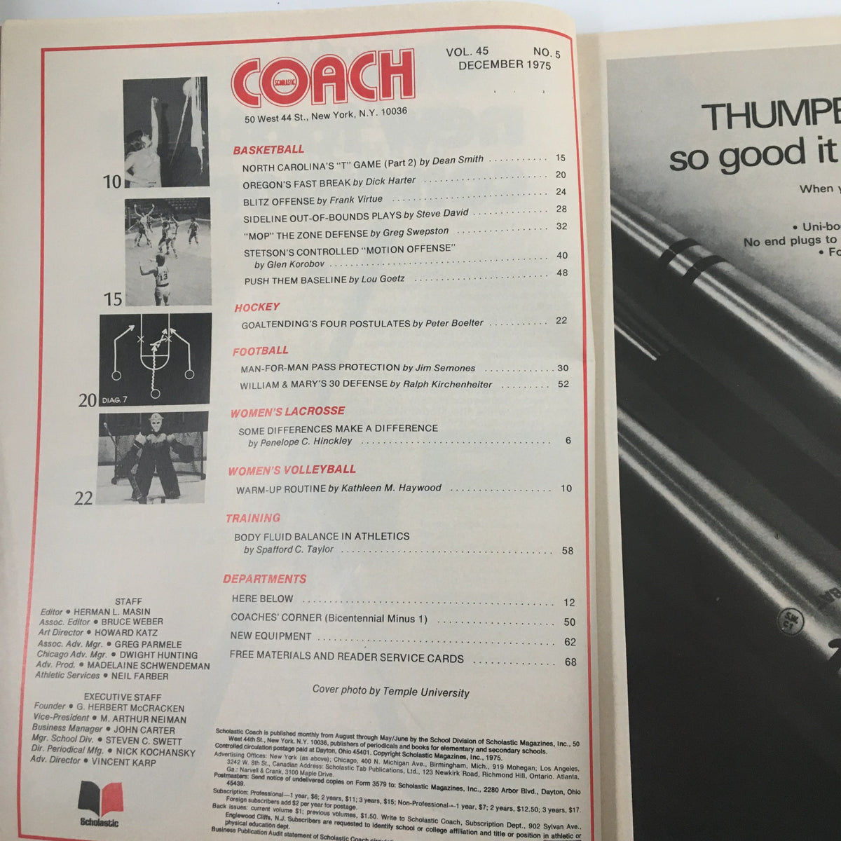Inside page of VTG Scholastic Coach Magazine December 1975 displaying the table of contents, highlighting various articles on basketball, volleyball, hockey, and training methodologies.