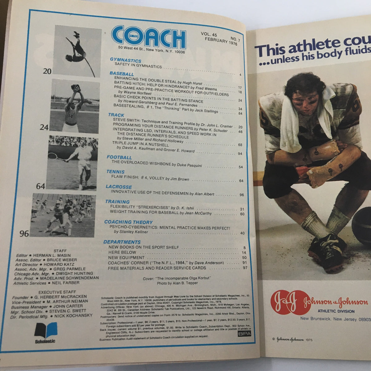 Inside page of the VTG Scholastic Coach Magazine February 1976, displaying content about various sports, with a feature on gymnastics, emphasizing the magazine's educational value for coaches and enthusiasts.