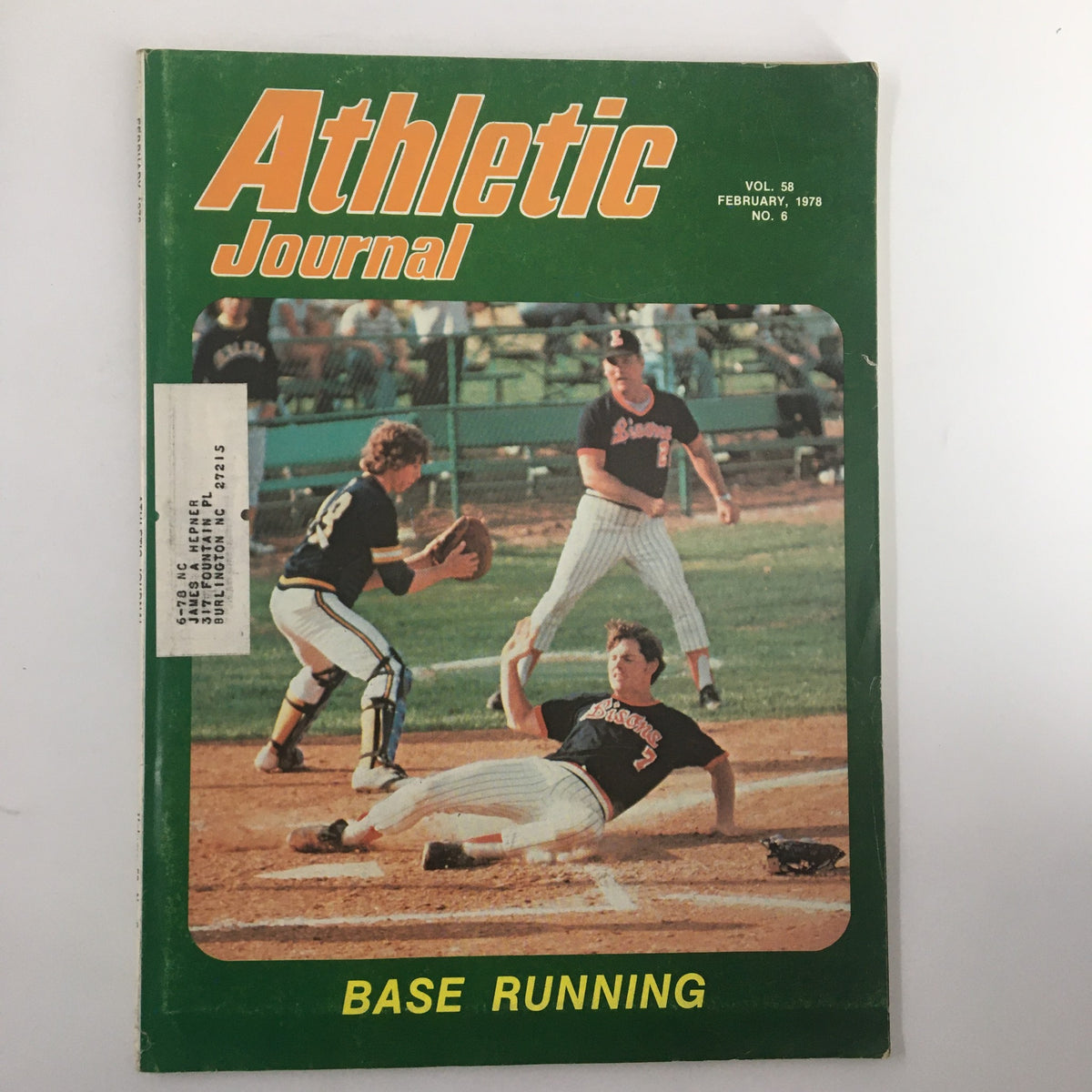 Cover of VTG The Athletic Journal Magazine February 1978 featuring the title 'Base Running', showcasing a baseball scene with players in action, emphasizing the theme 'Working on the Hitter'.
