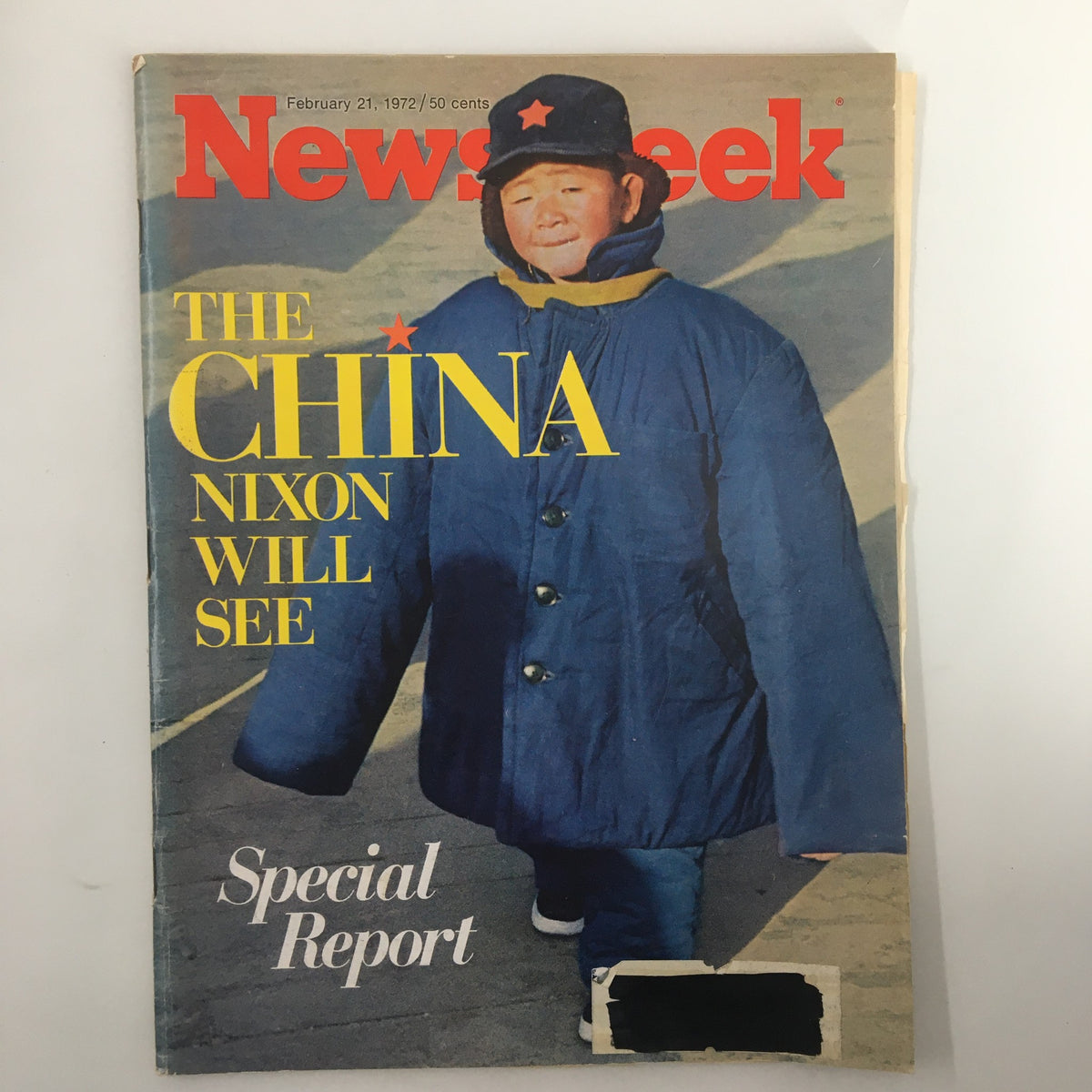 Cover of the vintage Newsweek magazine from February 21, 1972, featuring the title 'The China Richard Nixon Will See' with a prominent image representing the era's political climate.