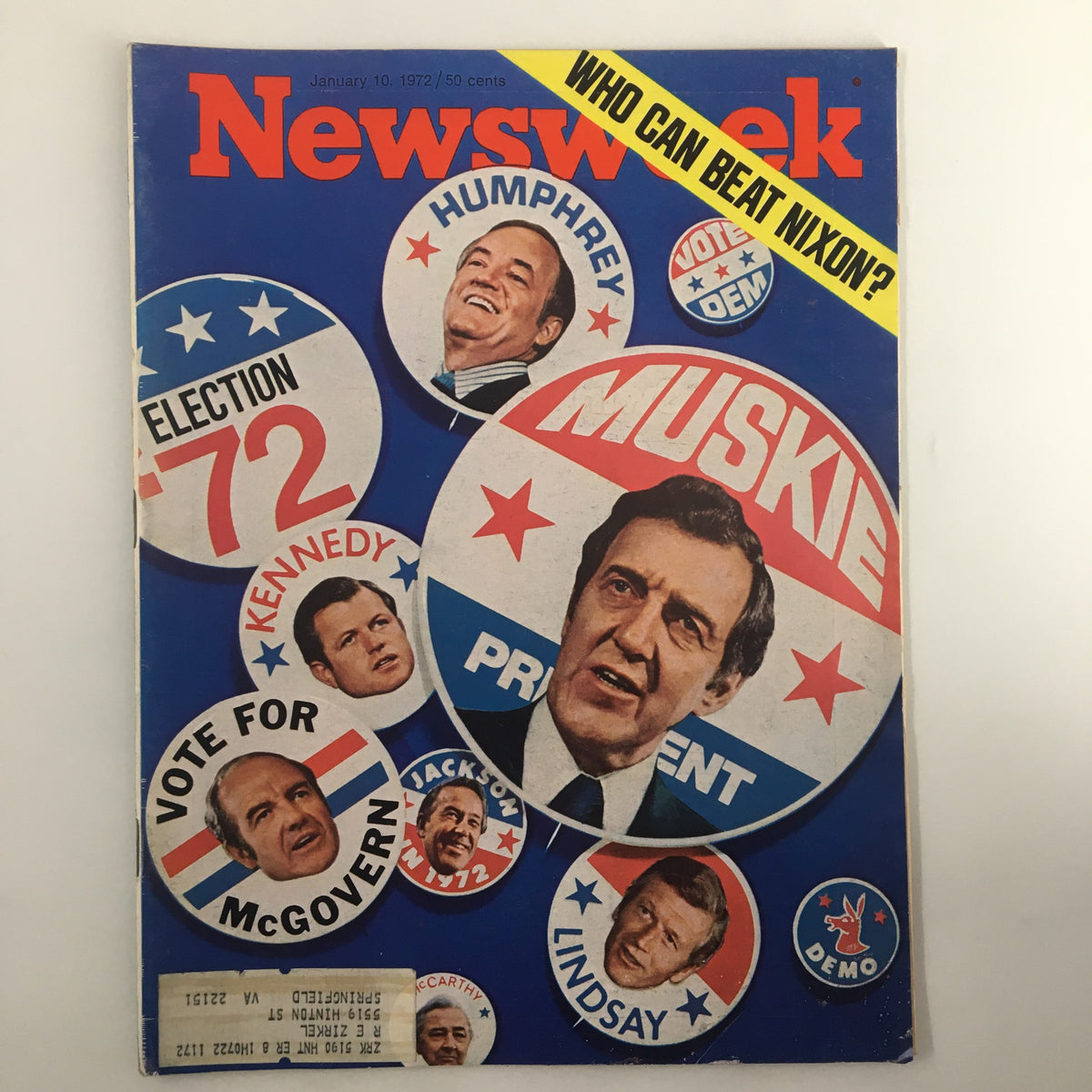 VTG Newsweek Magazine January 10 1972 featuring Hubert Humphrey and Edmund Muskie on the cover, showcasing campaign buttons for the 1972 election and the question 'Who Can Beat Nixon?'