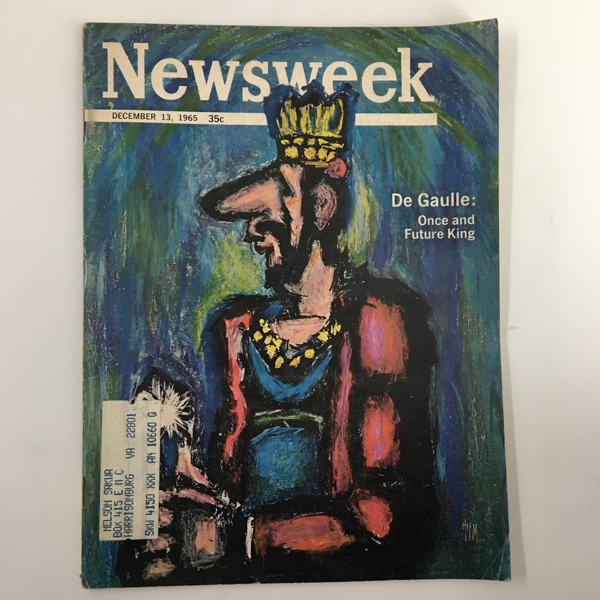 Vintage Newsweek magazine cover from December 13, 1965, featuring Charles de Gaulle with the title, 'Once and Future King.' The cover showcases a colorful artistic portrait of de Gaulle, encapsulating the political climate of the era.