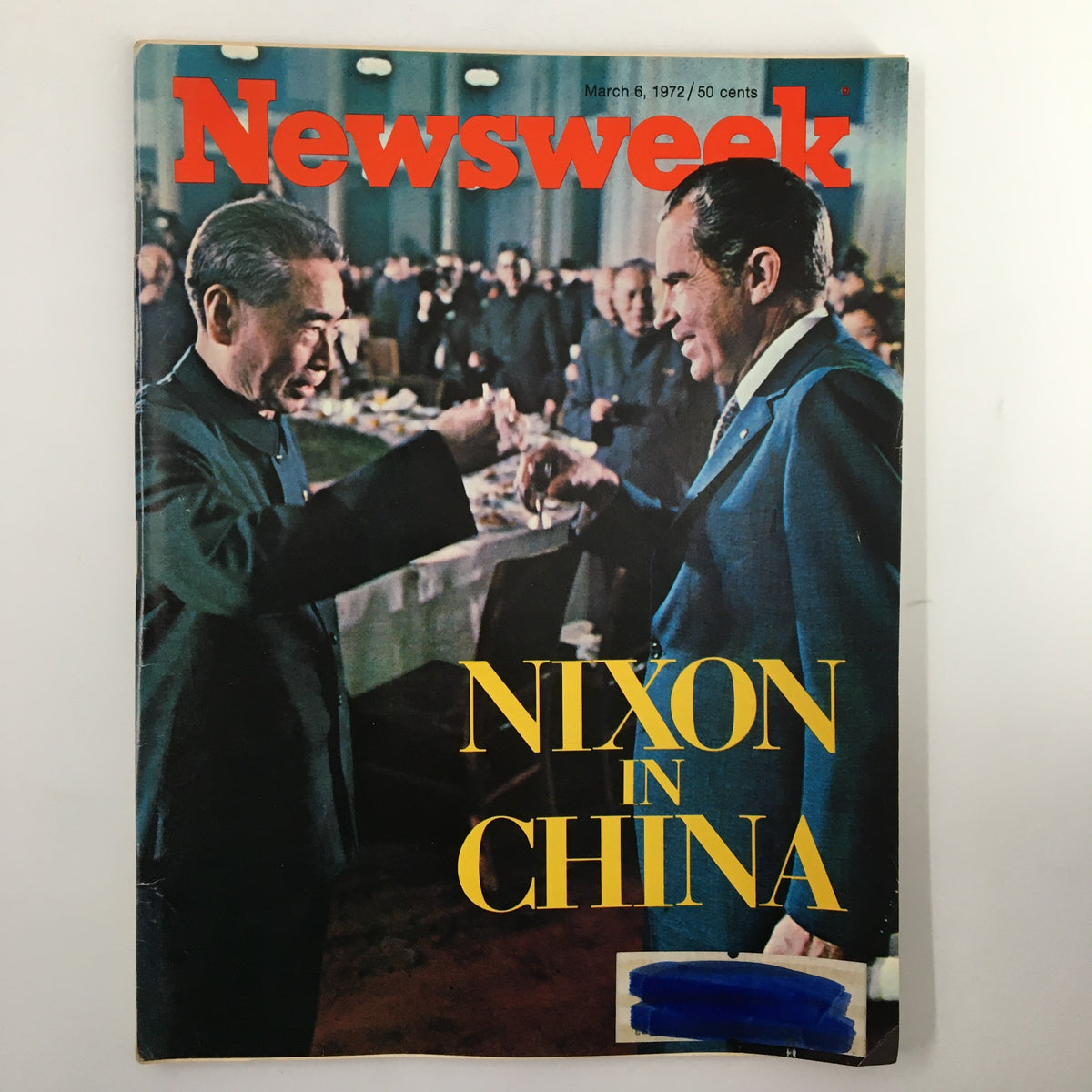 Vintage Newsweek Magazine cover from March 6, 1972, featuring Richard Nixon's historic visit to China. The cover highlights Nixon's interaction with Chinese officials, showcasing a pivotal moment in U.S.-China relations.
