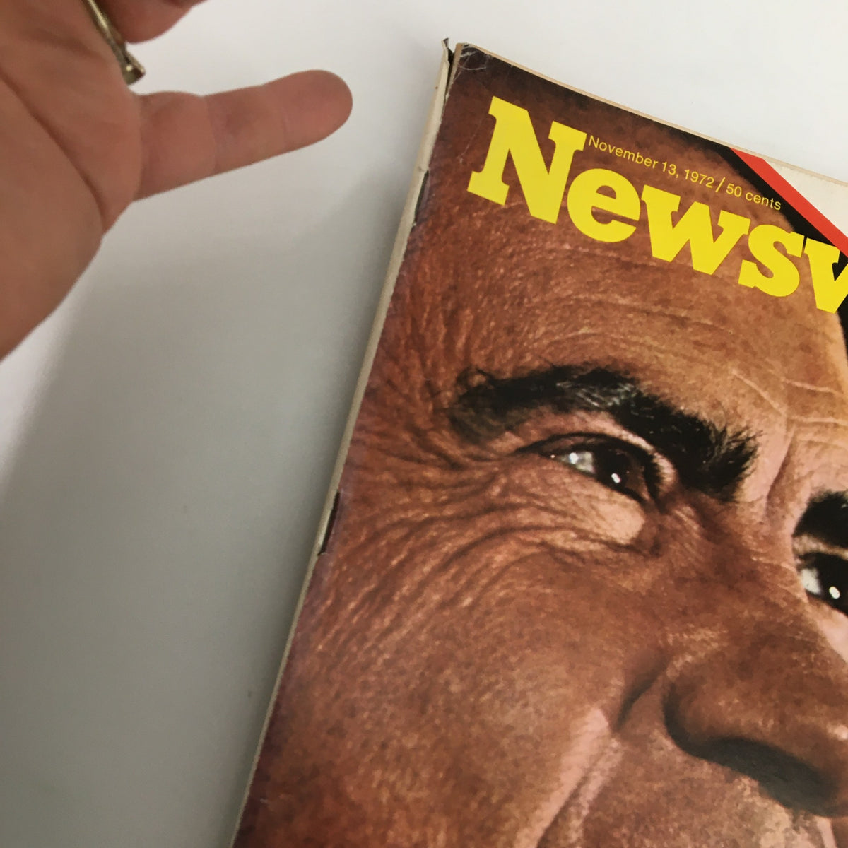 Close-up view of the VTG Newsweek Magazine cover from November 13, 1972, displaying the title 'Four More Years' alongside Richard Nixon's facial details, capturing the essence of political events at the time.