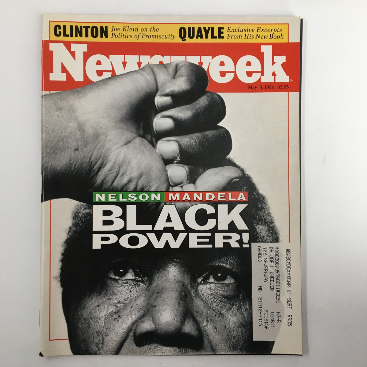 Cover of Newsweek Magazine from May 9, 1994 featuring Nelson Mandela and the headline 'Black Power!' This historic edition captures Mandela's journey towards becoming the first black president of South Africa, showcasing a pivotal moment in history.