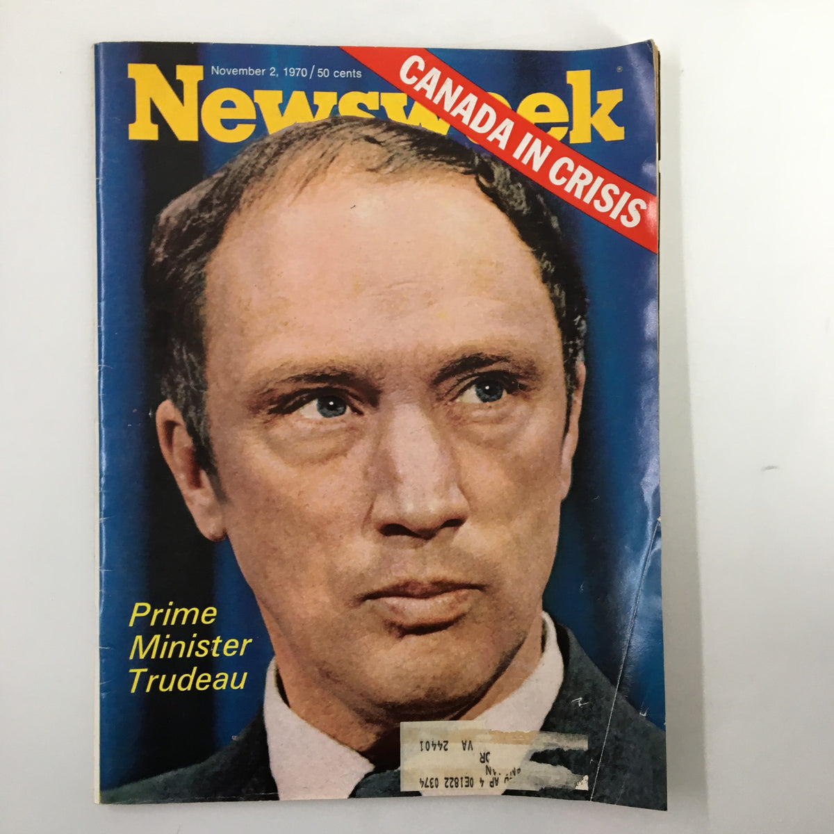 Vintage Newsweek magazine from November 2, 1970, featuring Prime Minister Pierre Elliott Trudeau on the cover, highlighting the theme 'Canada in Crisis'.
