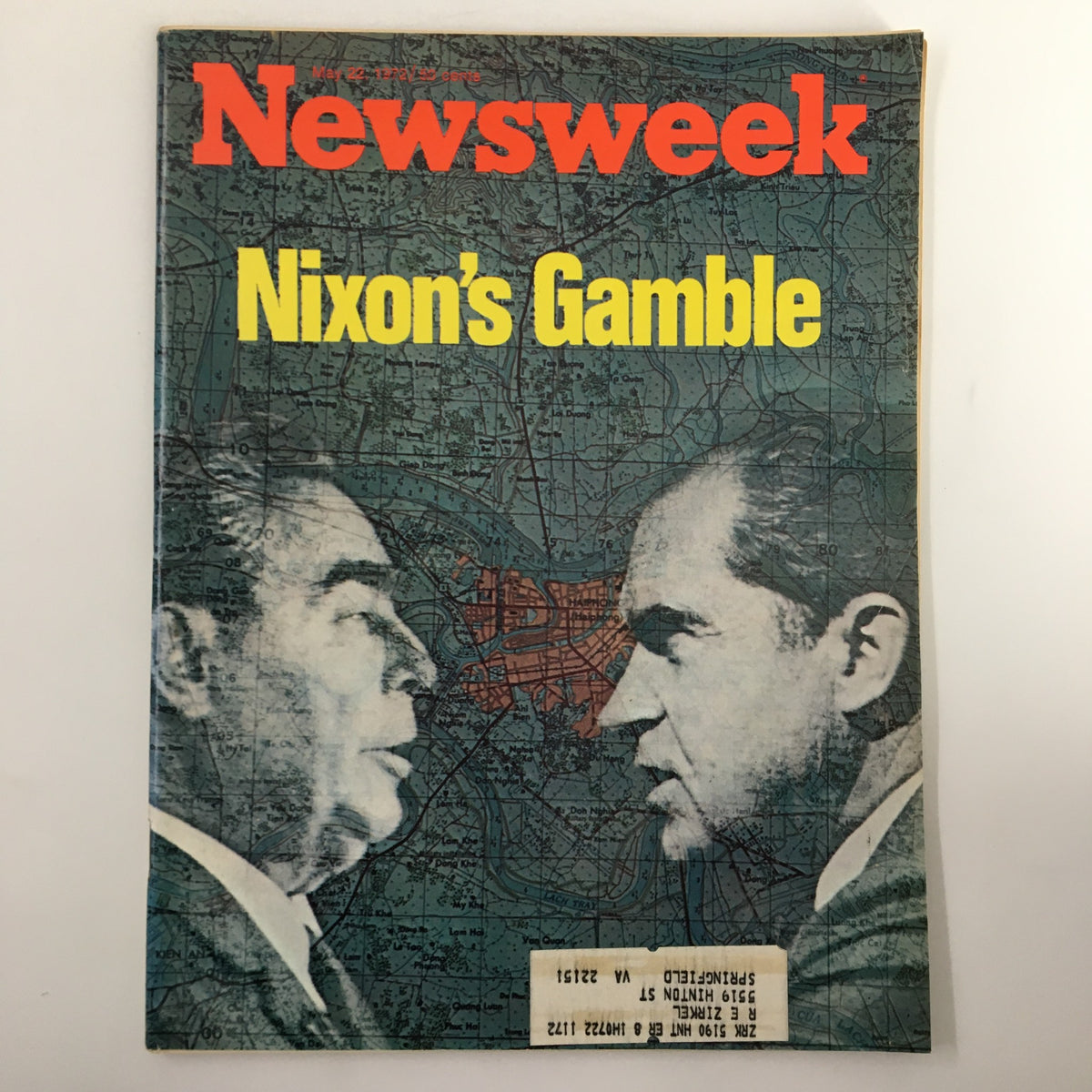 VTG Newsweek Magazine May 22 1972 cover featuring Leonid Brezhnev and Richard Nixon with the title 'Nixon's Gamble' against a map background.