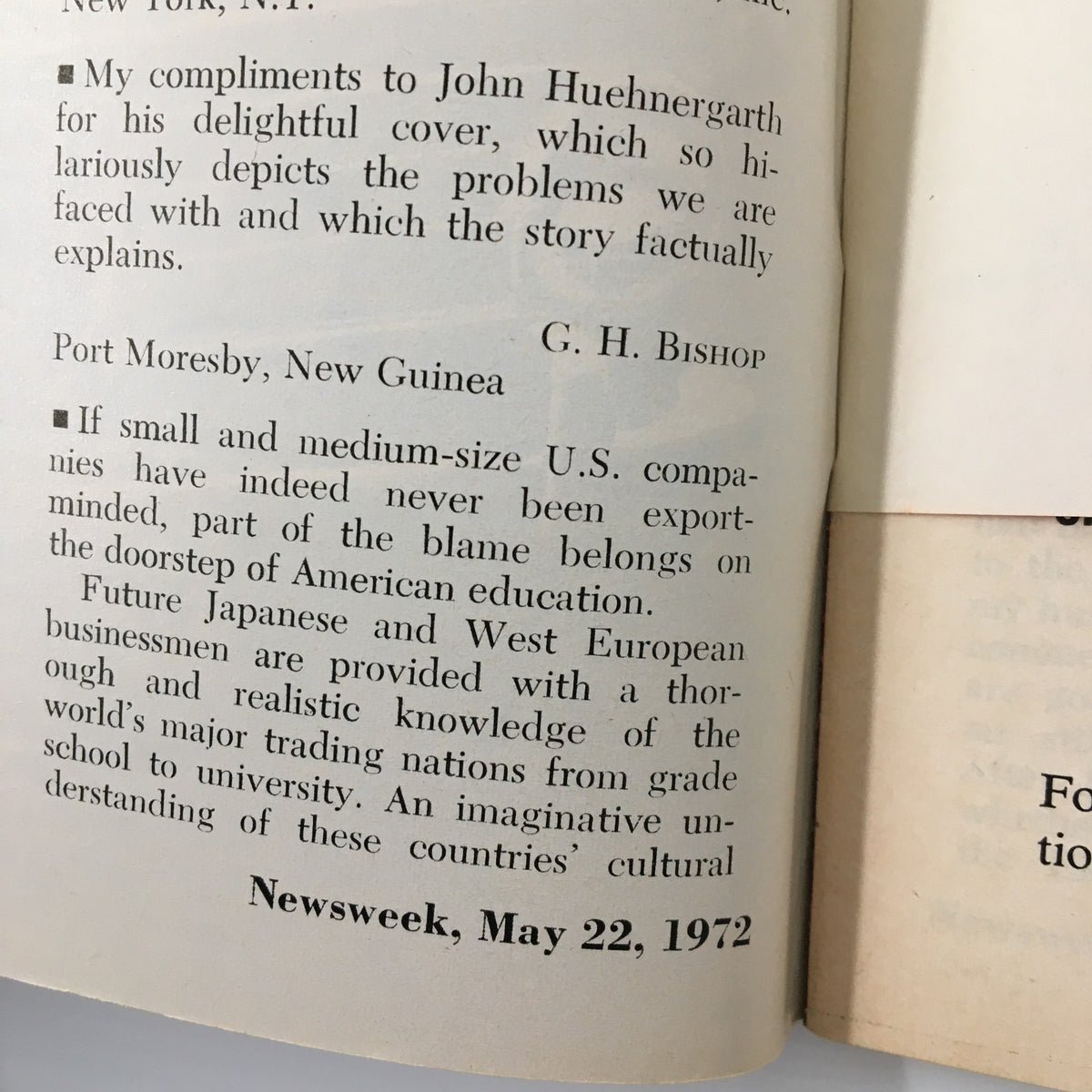 Inside view of the VTG Newsweek Magazine May 22 1972 highlighting editorial comments and insights related to international trade issues.