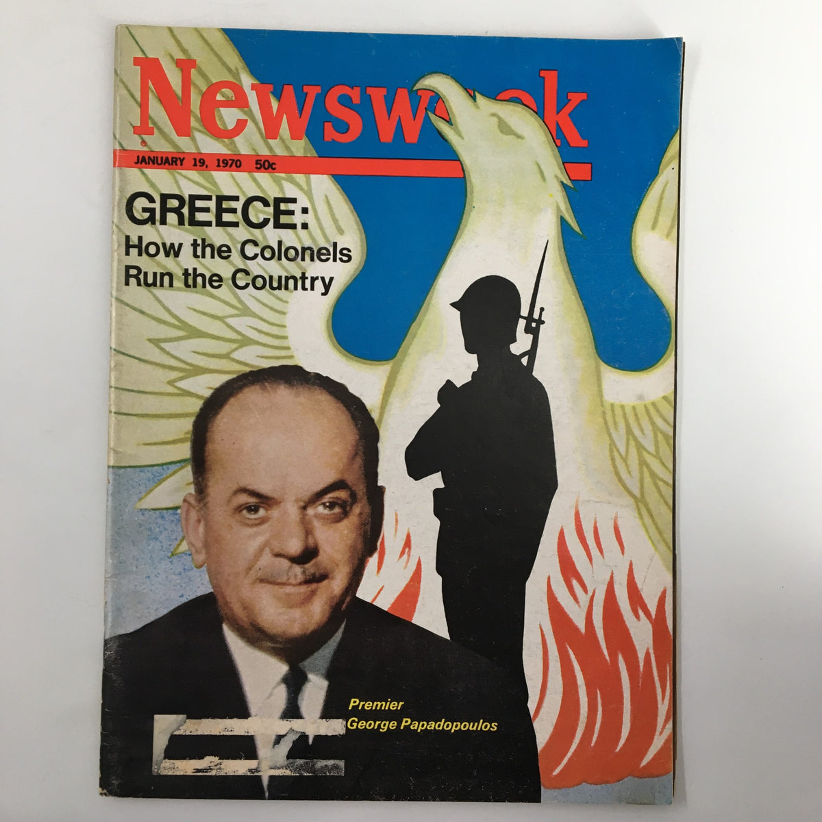 Cover of VTG Newsweek Magazine from January 19, 1970, featuring Premier George Papadopoulos with a background illustration of a soldier and Greek symbolism.