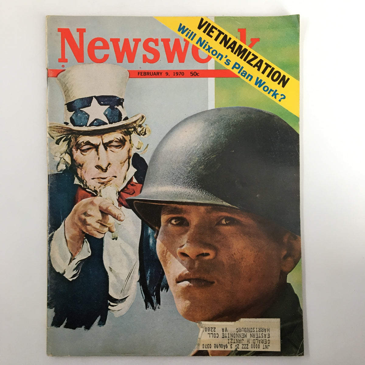 Cover of VTG Newsweek Magazine from February 9, 1970, featuring a drawing of Uncle Sam and a soldier, with bold text reading 'Vietnamization: Will Nixon's Plan Work?'