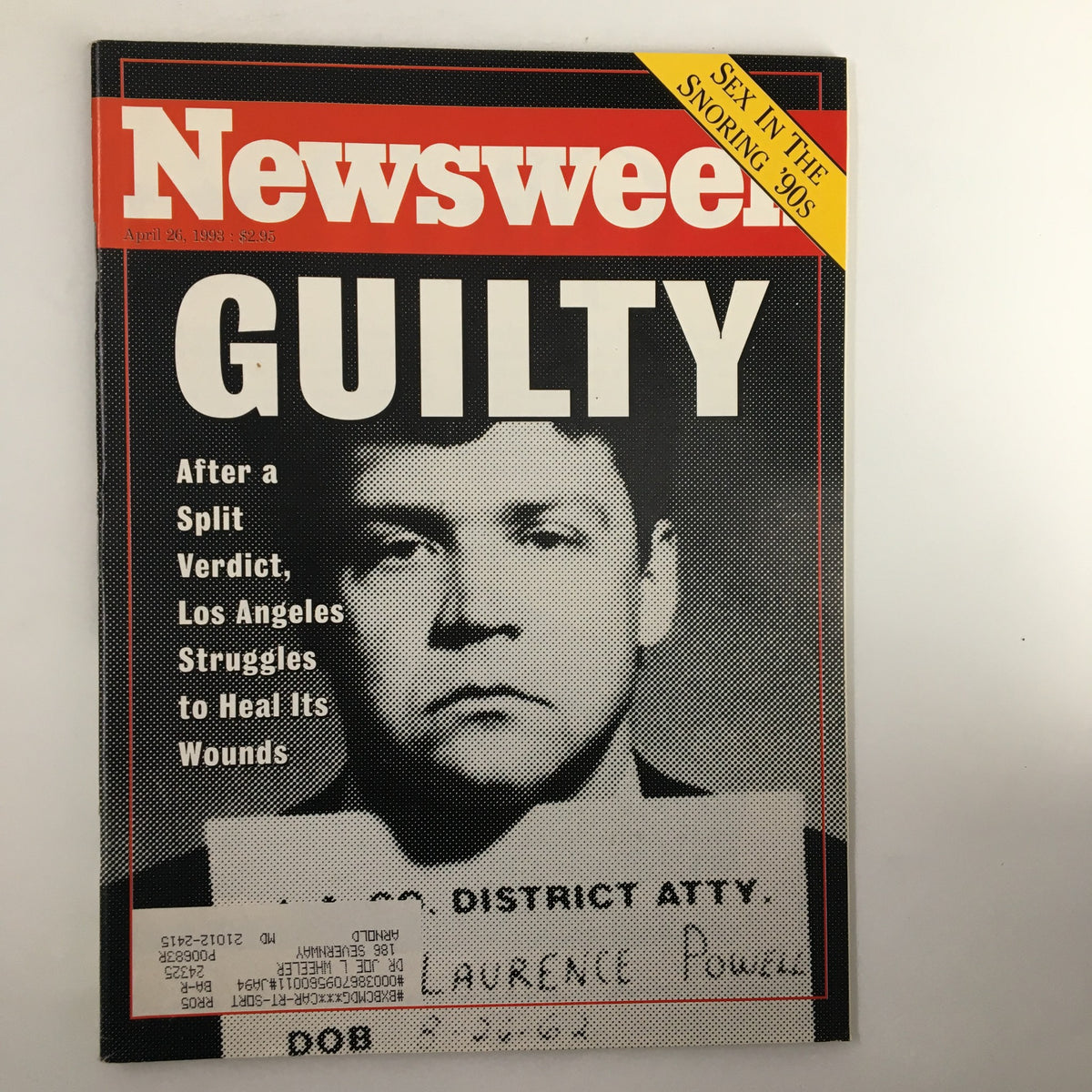 Newsweek Magazine Cover from April 26, 1993, featuring the headline 'GUILTY' about Laurence Powell and the split verdict related to the Los Angeles events. The cover highlights societal issues of the early '90s.