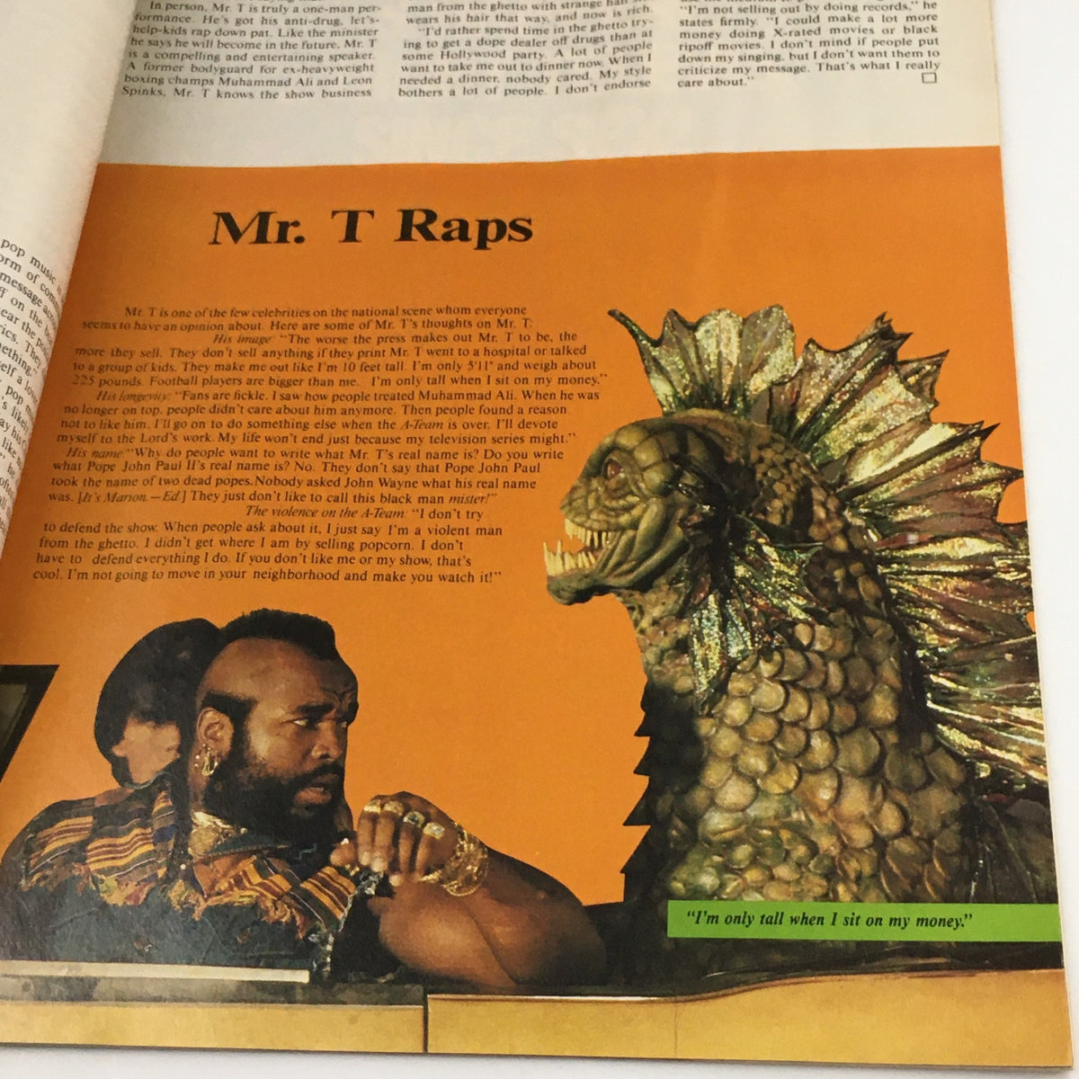 Page from Rock Magazine June 1985 featuring Mr. T's interview and a photograph of him with a character sculpture.