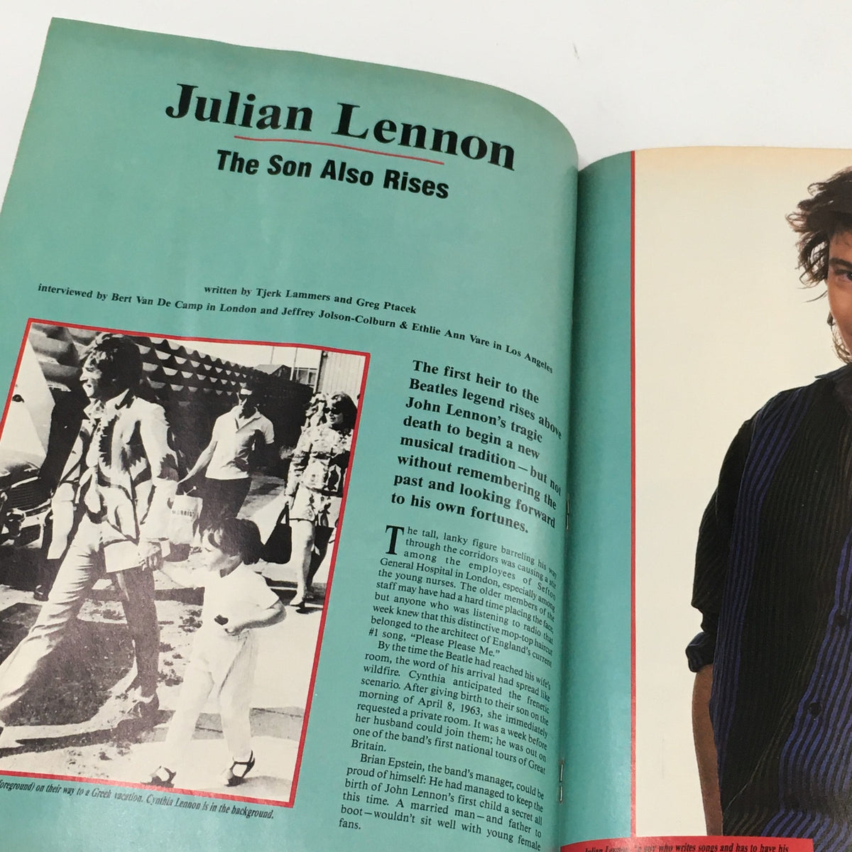 Article spread in Rock Magazine June 1985 titled 'Julian Lennon: The Son Also Rises,' discussing his musical career and legacy.