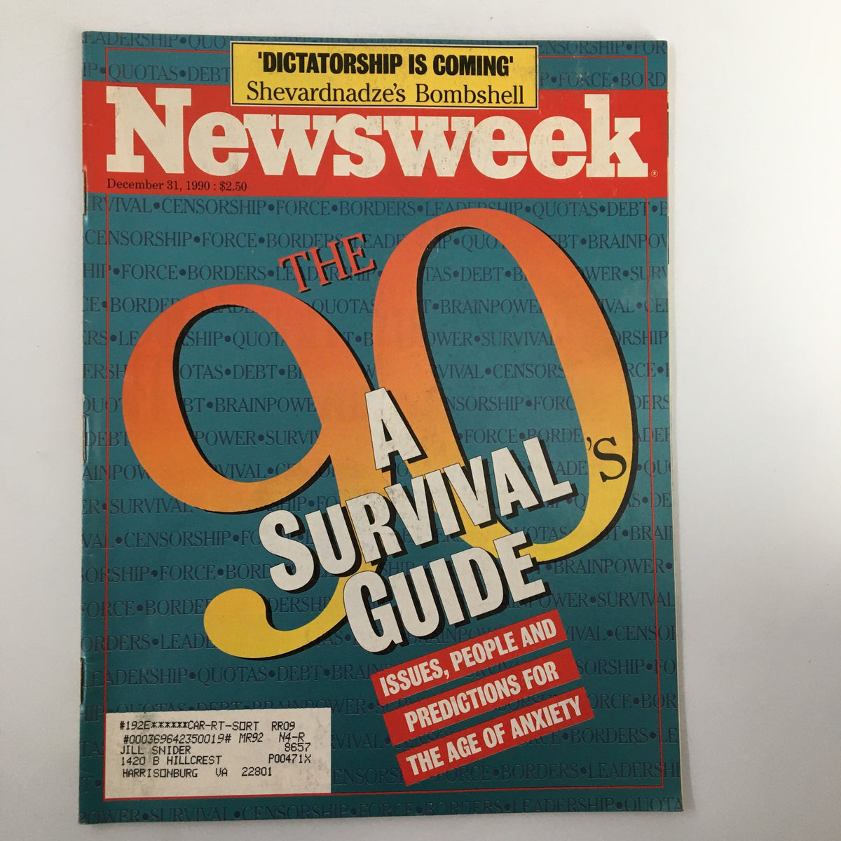 Cover of Newsweek Magazine from December 31, 1990, featuring the title 'The 90s: A Survival's Guide - The Age of Anxiety'. The cover includes the subtitle about issues and predictions for the era, highlighted with bright colors and bold typography.