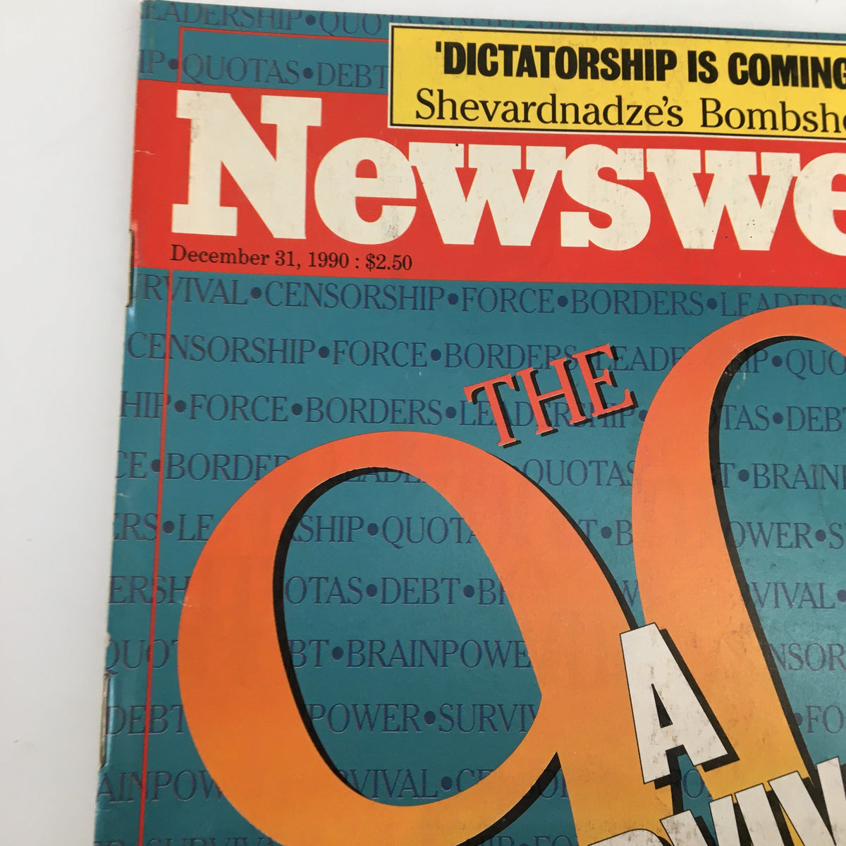Detailed view of the cover of Newsweek Magazine dated December 31, 1990, showcasing the title 'The 90s: A Survival's Guide - The Age of Anxiety' along with a warning headline about dictatorship, all designed with striking colors.