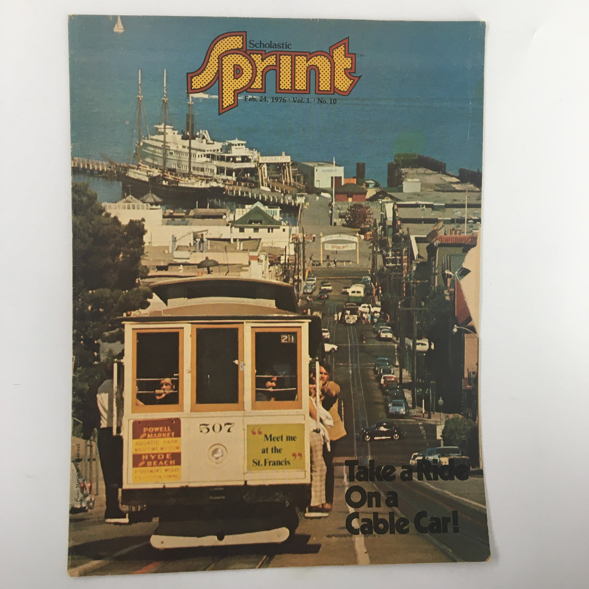 Cover of VTG Scholastic Scholar Magazine from February 24, 1976, featuring a cable car ride scene and titled 'Take A Ride On a Cable Car!' showcasing 1970s nostalgia.