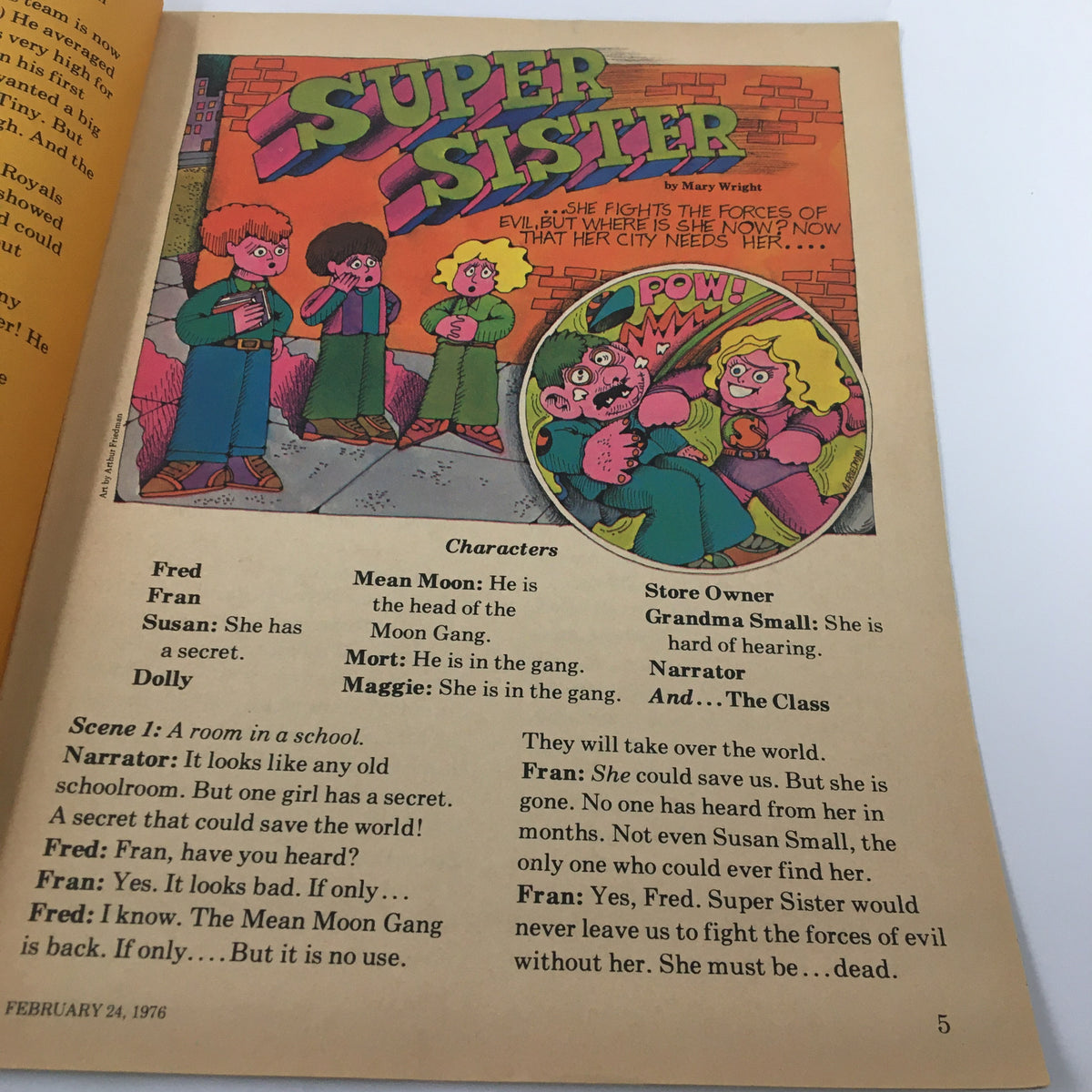 Illustration from VTG Scholastic Scholar Magazine February 24, 1976, depicting characters in the story 'Super Sister' with vibrant colors and engaging visuals.