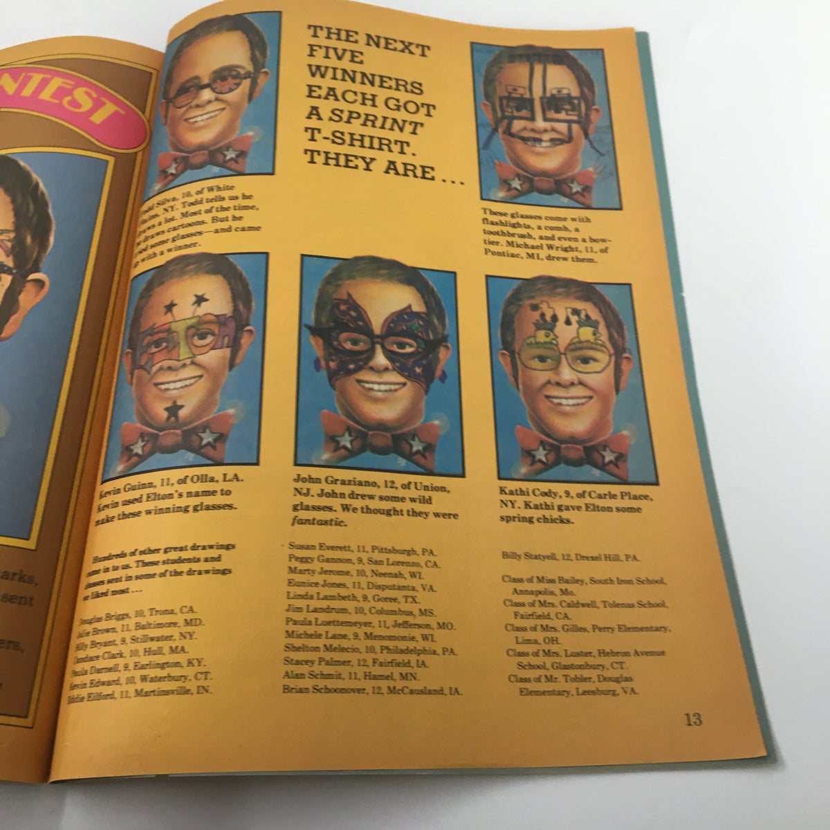Page from VTG Scholastic Scholar Magazine February 24, 1976, featuring winners of a contest with colorful illustrations and faces in creative glasses.