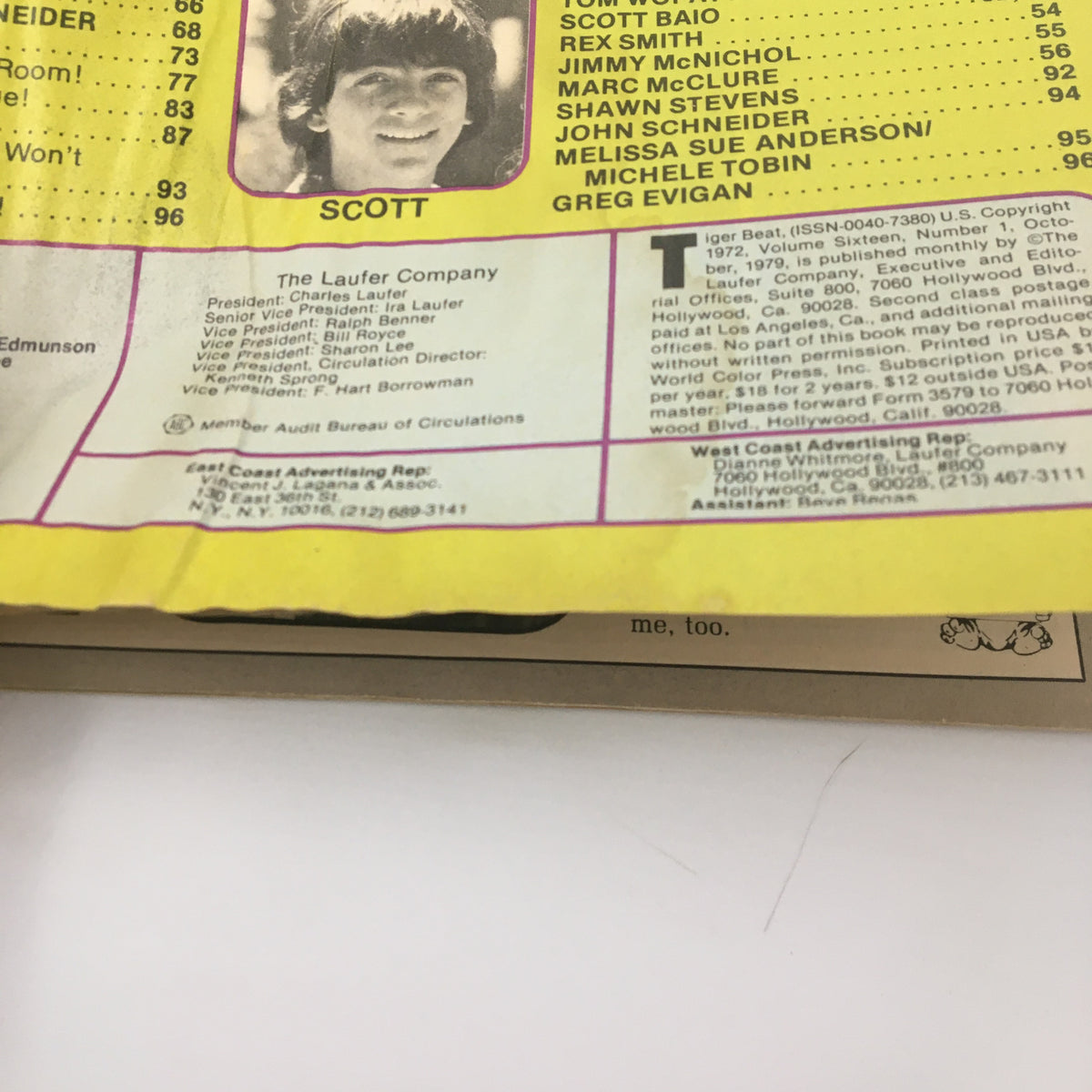 Detailed view of the Table of Contents page from the VTG Tiger Beat Magazine October 1979, providing insights into the featured stars and articles.