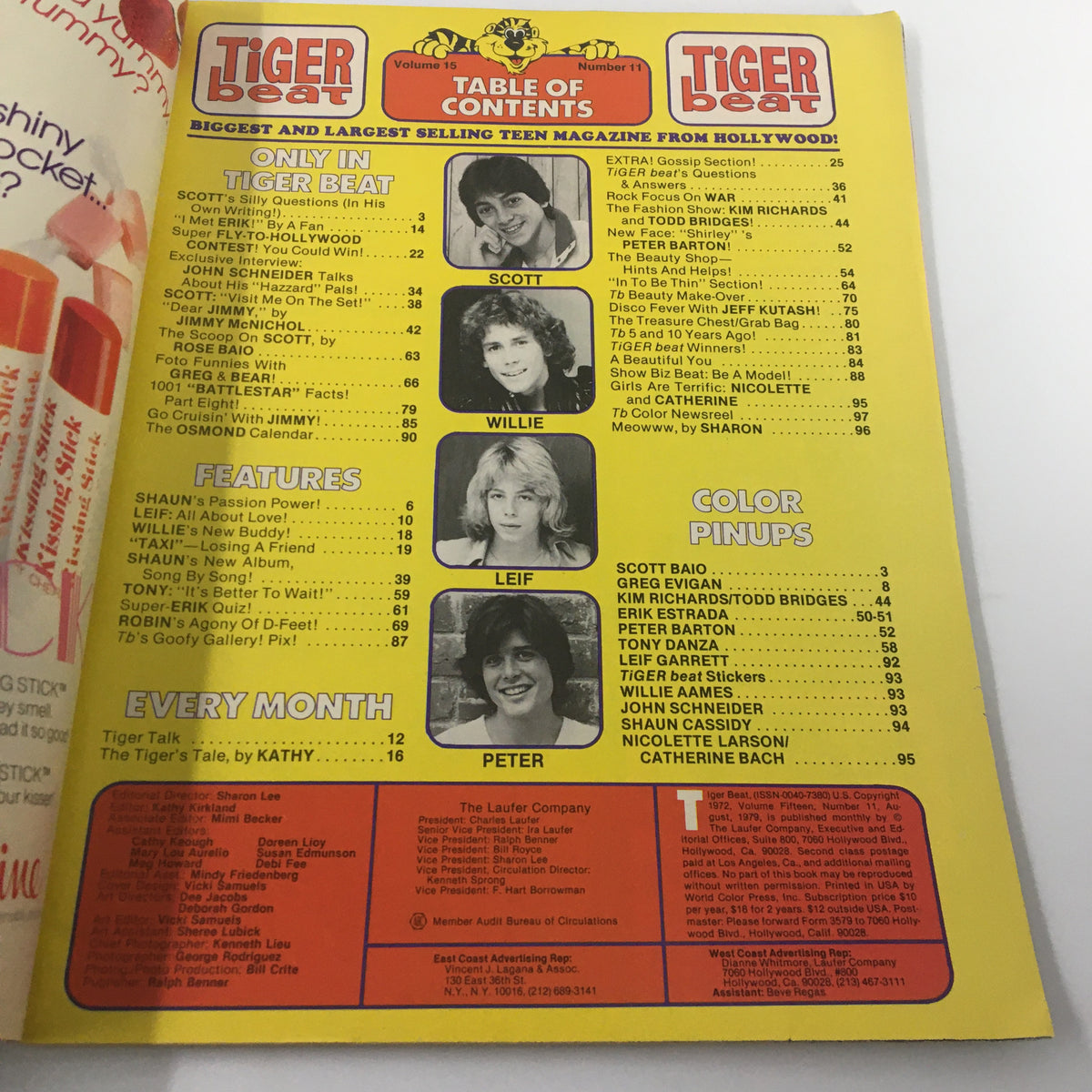 Table of Contents from the August 1979 Tiger Beat Magazine, featuring sections on Scott, Willie, Leif, and Peter, highlighting exclusive features, interviews, and pinups from popular teen idols of the era.