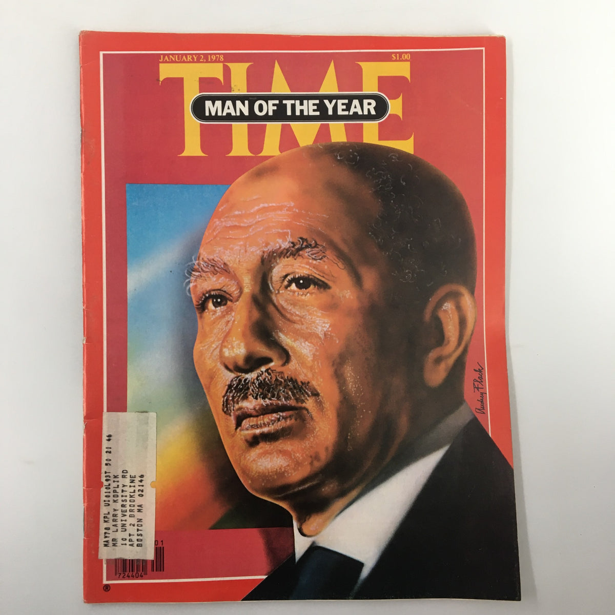 Time Magazine cover from January 2, 1978, featuring Anwar Sadat as Man of the Year, showcasing his portrait with a vibrant background.