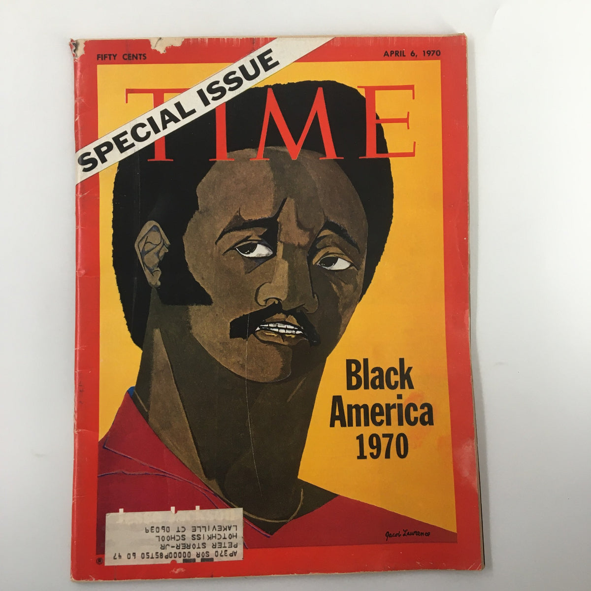 Vintage Time Magazine April 6 1970 cover featuring the title 'Black America 1970' and an illustrated portrait of a man, highlighting the special issue dedicated to African American culture and achievements.