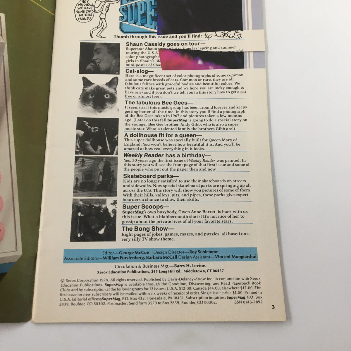Inside page of VTG SuperMag Magazine Vol. 3 No. 1 1978 featuring a sneak peek of articles including Shaun Cassidy and a photo gallery of various celebrities.