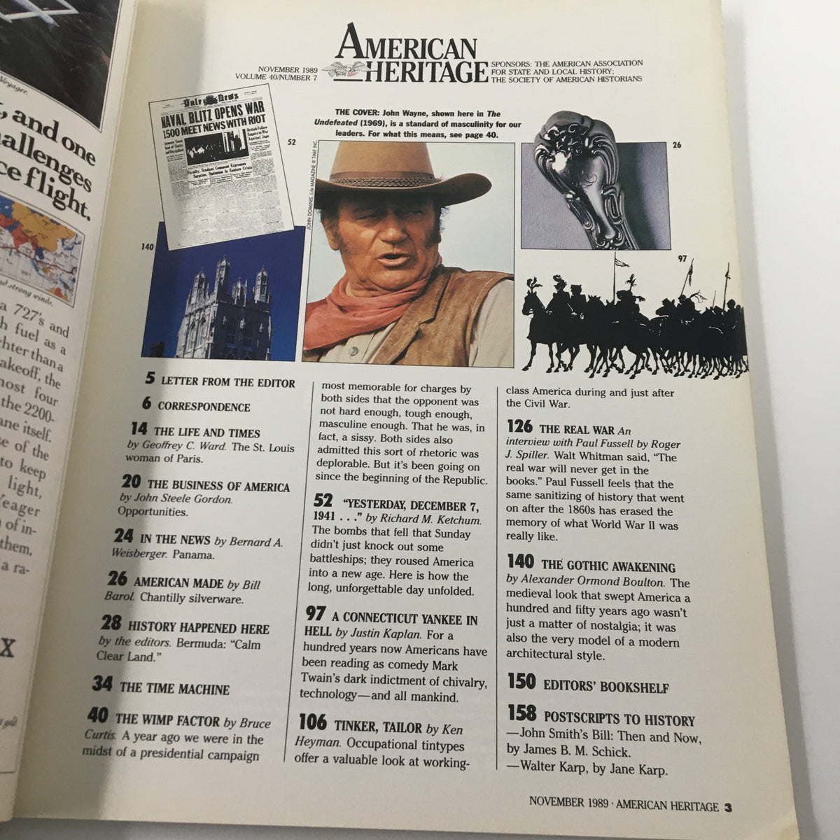 Cover of American Heritage Magazine, November 1989, featuring John Wayne in 'The Wimp Factor', highlighting articles and insights from the issue, includes references to historical topics and cultural discussions.