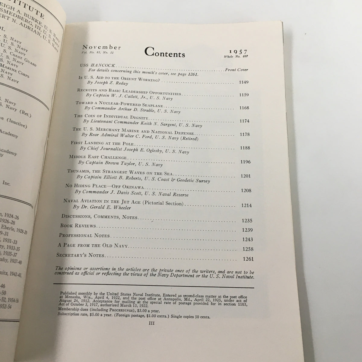Contents page from the VTG United States Naval Institute Proceedings November 1957, detailing articles and features including the USS Hancock.