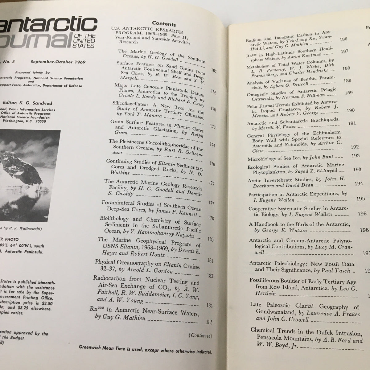 Inside contents page of the 'VTG Antarctic Journal of The United States September 1969 Antarctic Paleobiology', listing various articles and research related to Antarctic studies.