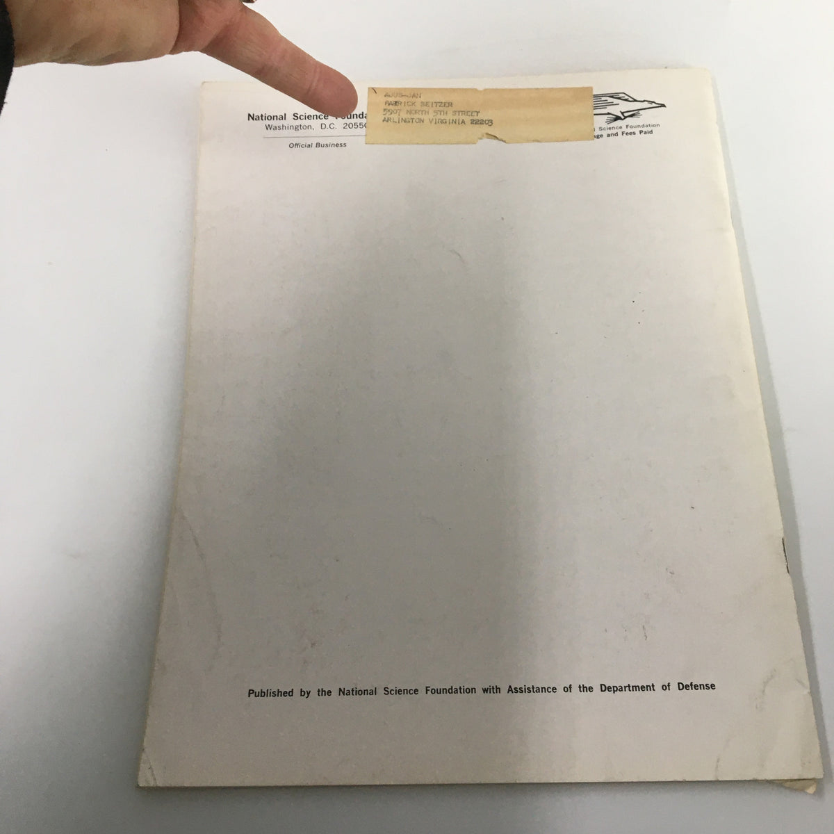 Back cover of the 'VTG Antarctic Journal of The United States September 1969 Antarctic Paleobiology', showing the publisher information and a mailing label.