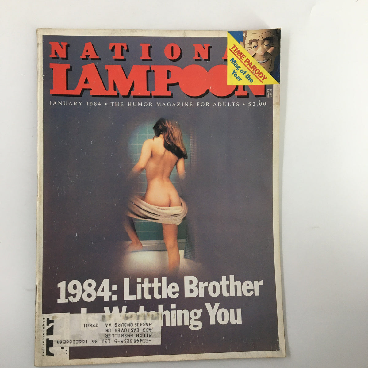 Cover of Vintage National Lampoon Humor Magazine January 1984 featuring the title '1984: Little Brother Is Watching You', with a striking image and a label indicating it as a time parody.