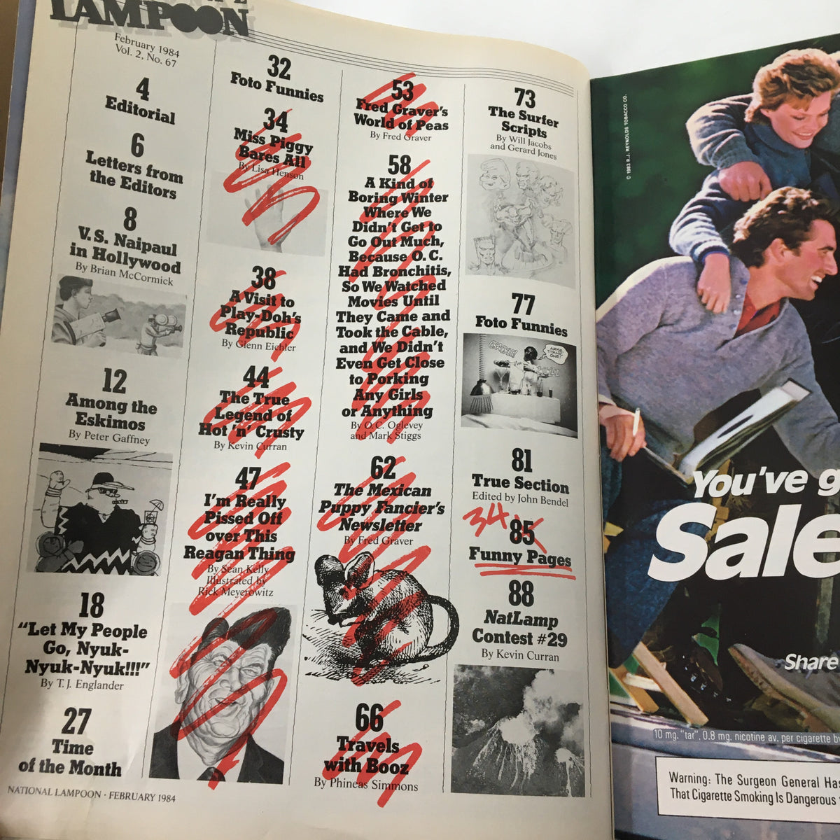 Inside page of Vintage National Lampoon Humor Magazine February 1984 featuring a table of contents with Fred Graver's World of Peas highlighted, showcasing classic humor and satire from the 1980s.