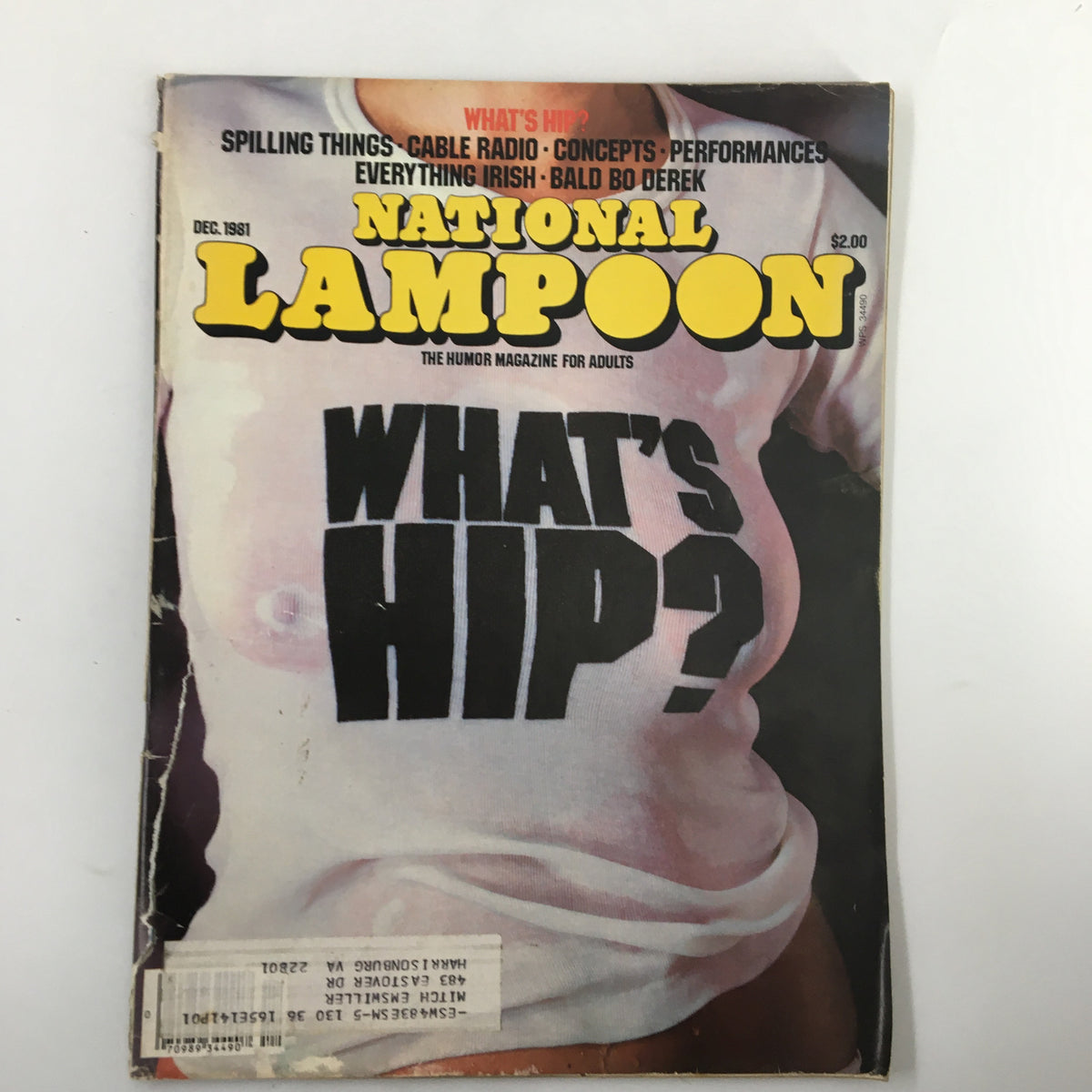 Cover of the Vintage National Lampoon Humor Magazine December 1981 featuring the title 'What's Hip?' highlighting cultural commentary and humor.