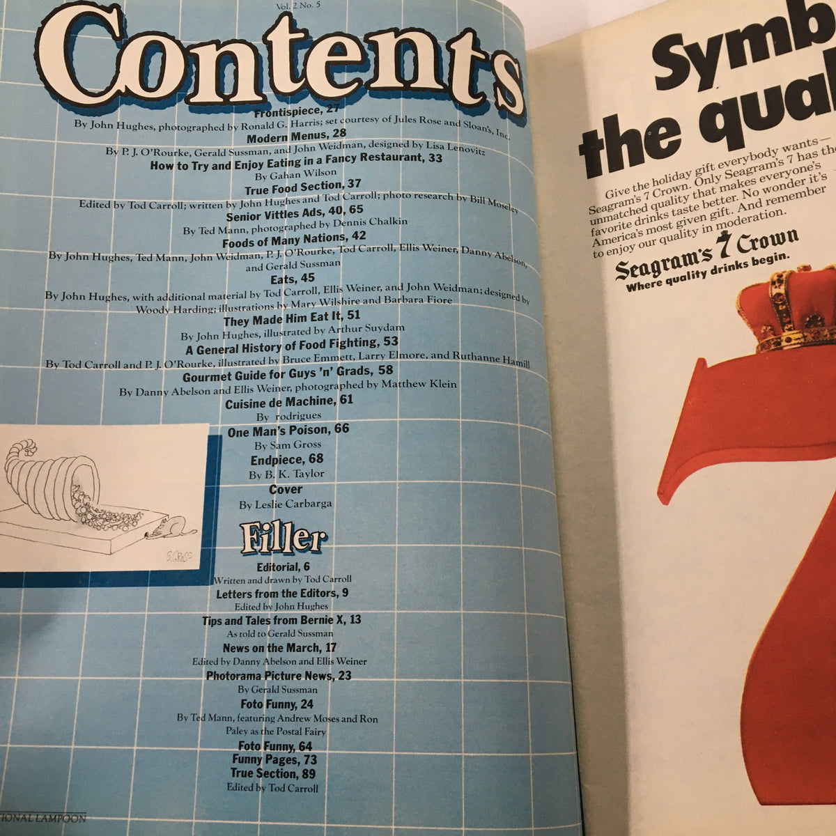 Contents page of the December 1978 issue of National Lampoon Humor Magazine titled 'They Made Him Eat It', listing articles and illustrations relevant to 1970s humor.