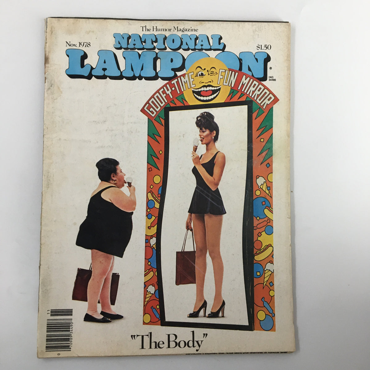 Cover of VTG National Lampoon Humor Magazine from November 1978 featuring 'The Body Fun Mirror,' showcasing a humorous illustration with contrasting images of two people.