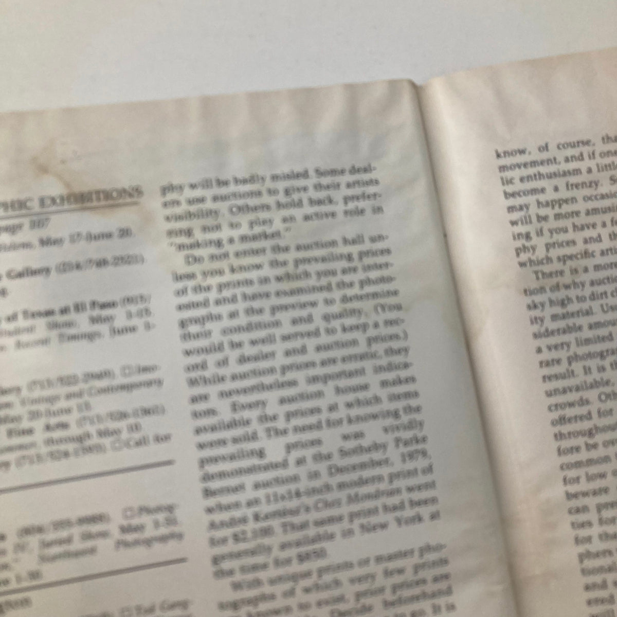 Interior page of Vintage Camera Arts Magazine May 1981 displaying articles on photography exhibitions and advice on collecting photography, offering insights valuable for collectors and enthusiasts.