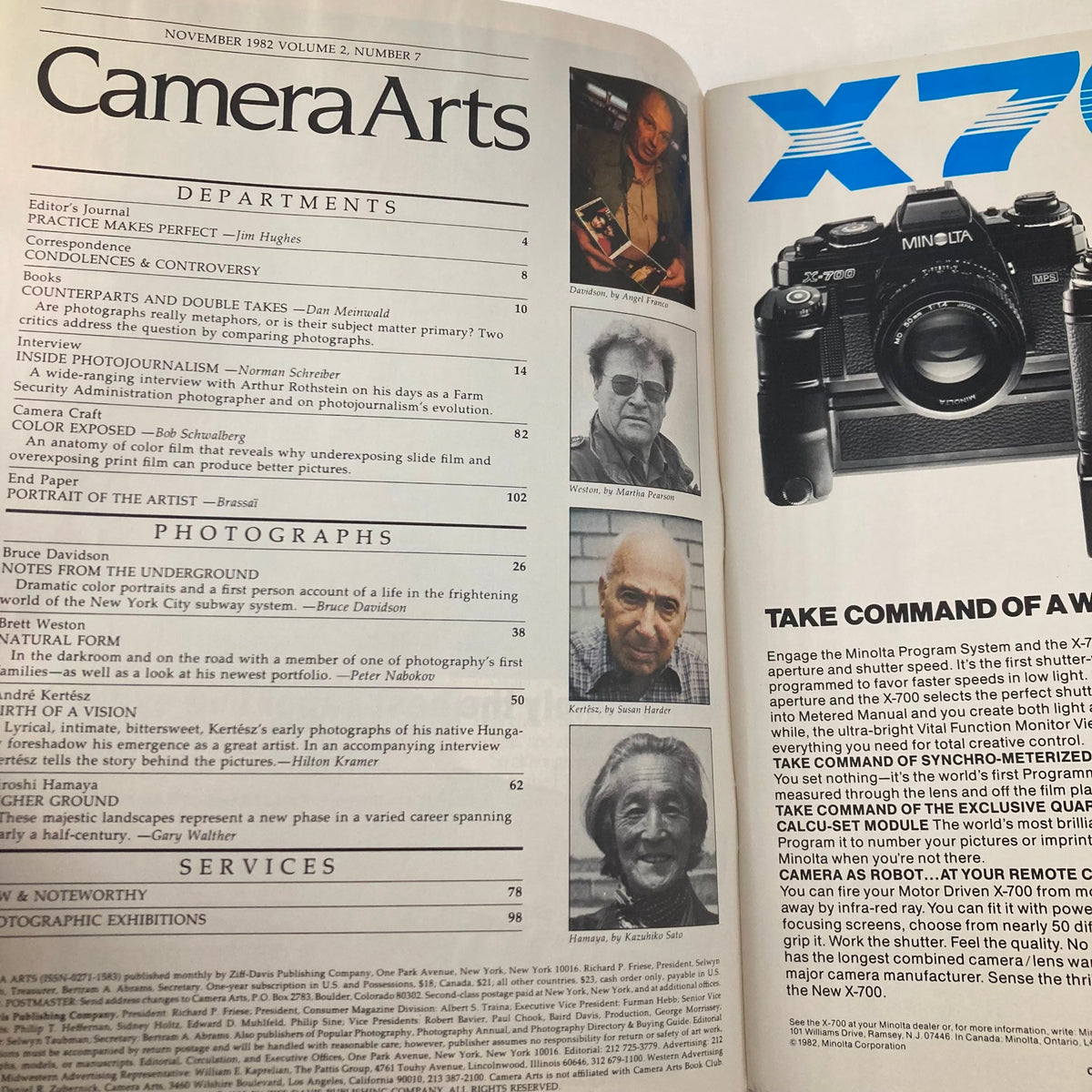 Interior page of VTG Camera Arts Magazine November 1982 featuring photography articles and images, including a Minolta X-700 camera review and portraits of renowned photographers.