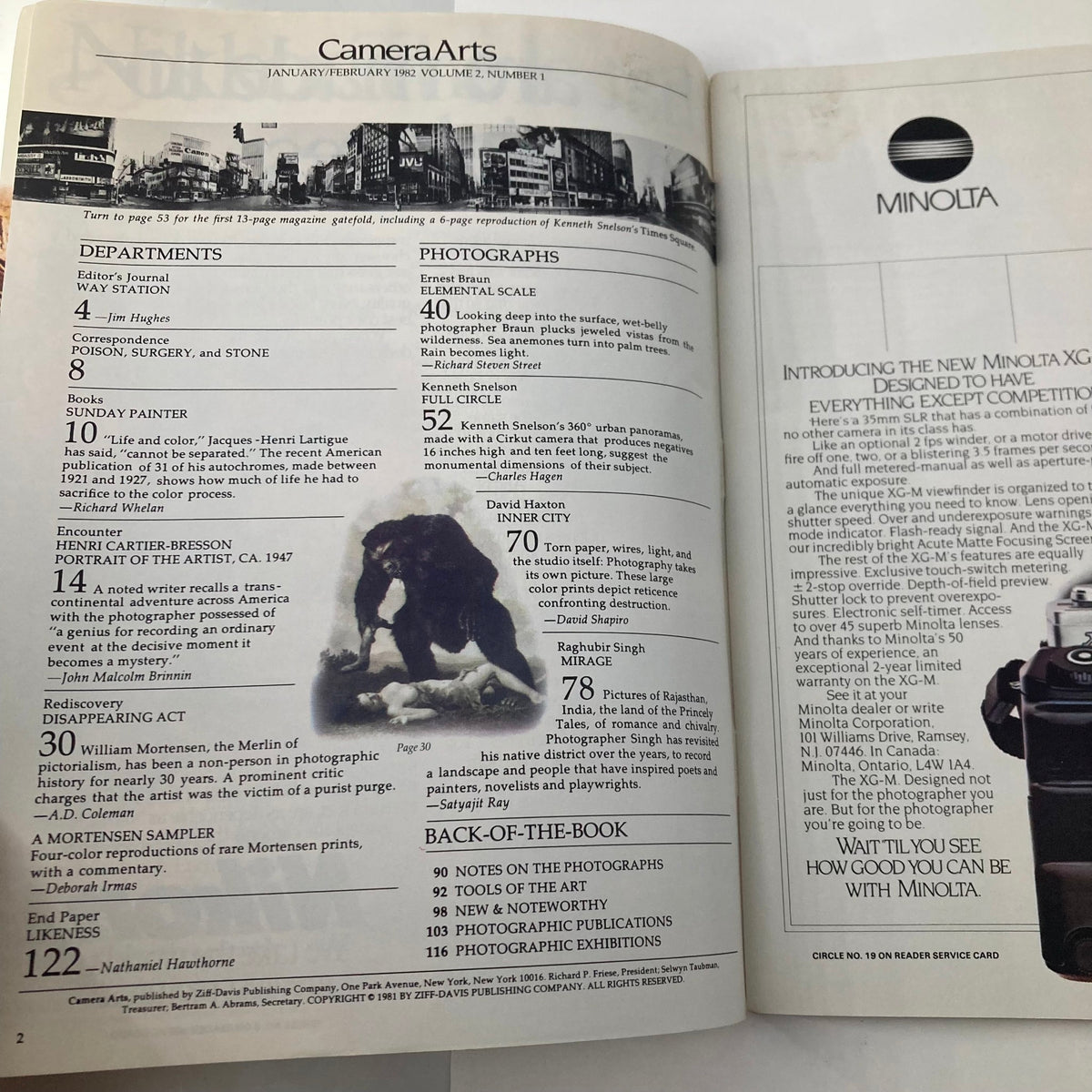 Interior page of Camera Arts Magazine January 1982 showing the table of contents, highlighting various articles and photographs featured in the vintage issue.