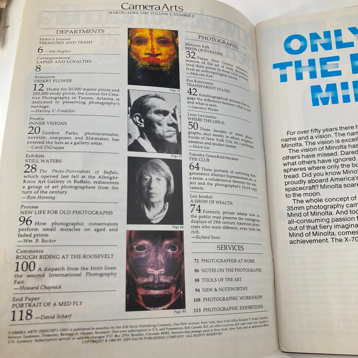 Interior page of VTG Camera Arts Magazine March 1982 featuring departments and photographs including Birds of Paradise by Malcolm Kirk.