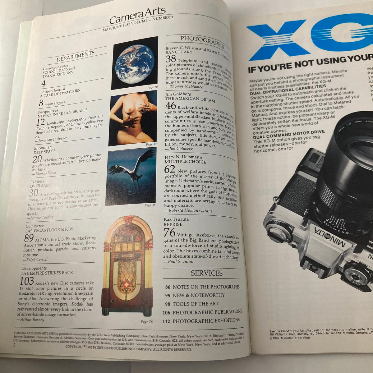 Interior page of Camera Arts Magazine May 1982, displaying contents and notable article highlights, including Kaz Tsurata's work and photography trends of the era.