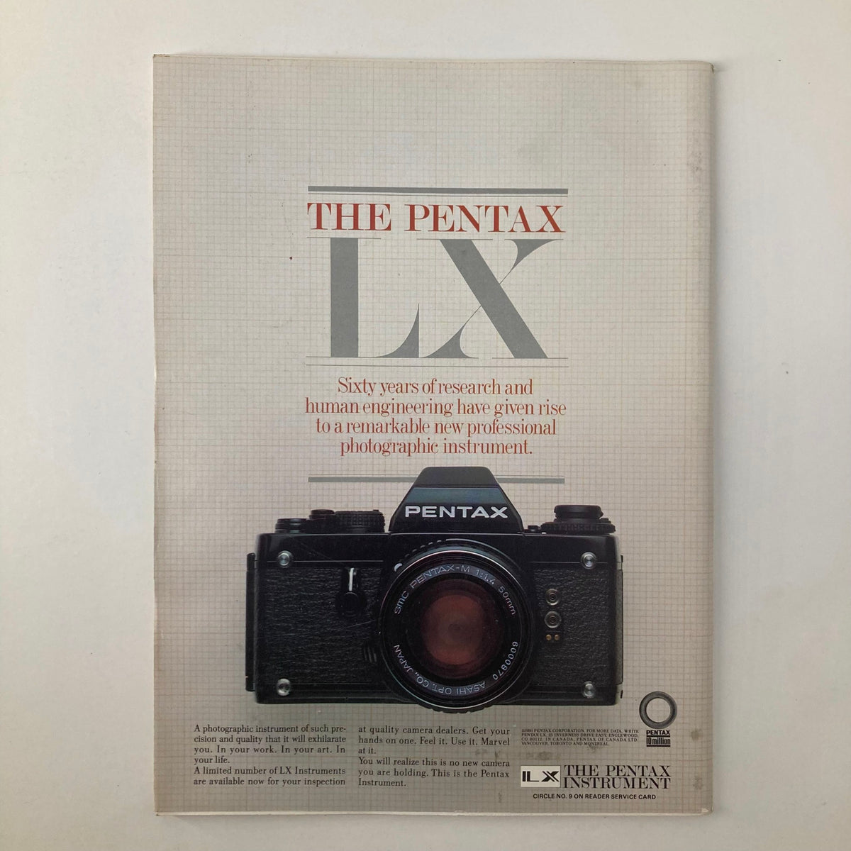 Back cover of VTG Camera Arts Magazine July 1982 advertising the Pentax LX camera, emphasizing its innovative features in professional photography.