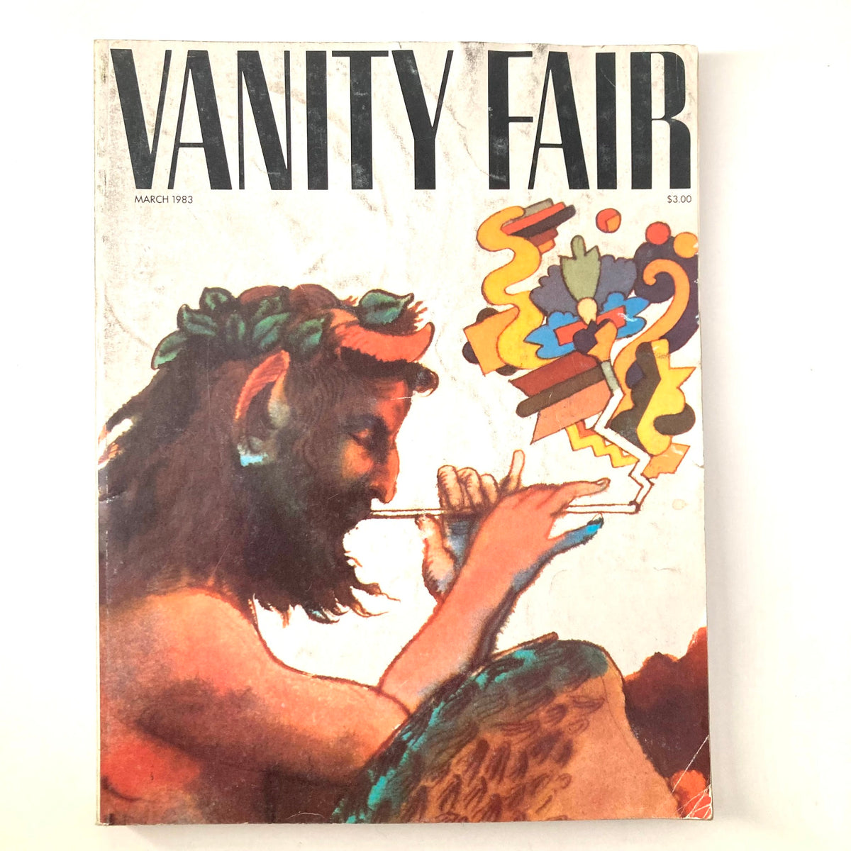 Vintage Vanity Fair Magazine March 1983 cover illustration by Milton Glaser featuring a mythical figure playing a flute with colorful abstract elements.