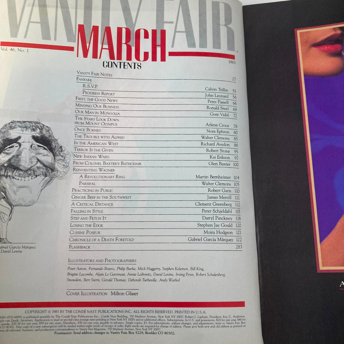 Contents page of the Vintage Vanity Fair Magazine March 1983 showcasing articles and contributors, including cover illustration by Milton Glaser.