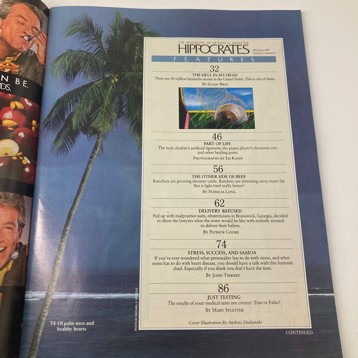 Hippocrates The Magazine of Health & Medicine May 1987 showcasing featured articles on headache treatments and health insights from the 1980s, with a vibrant tropical palm background.