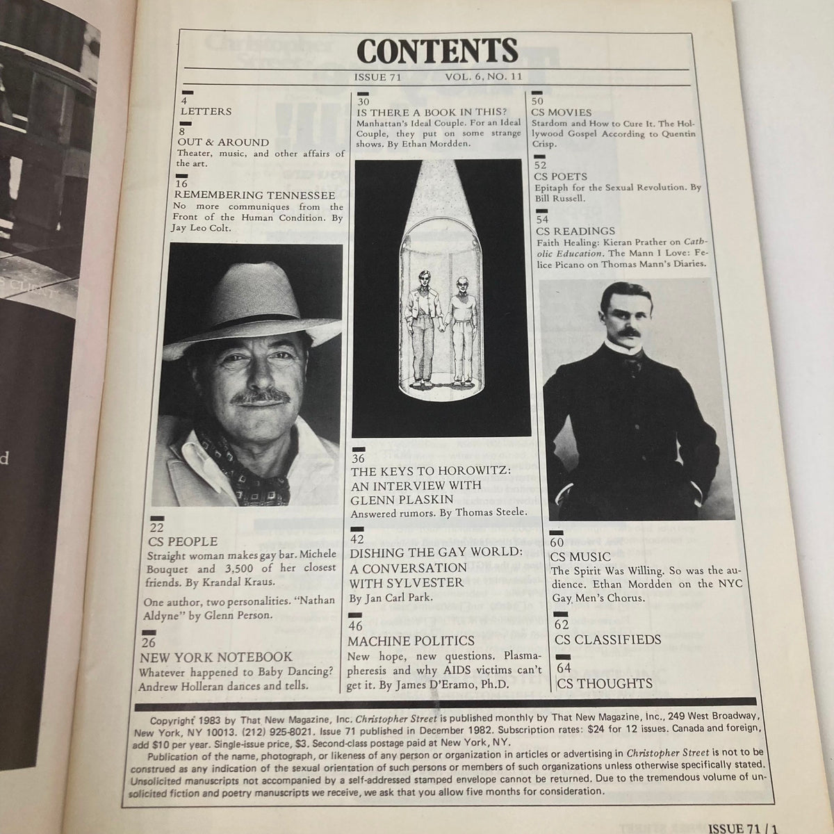 Contents page of the VTG Christopher Street Magazine December 1982, featuring articles including 'The Keys to Horowitz: An Interview with Glenn Plaskin' and highlights of LGBTQ+ culture from the 1980s.