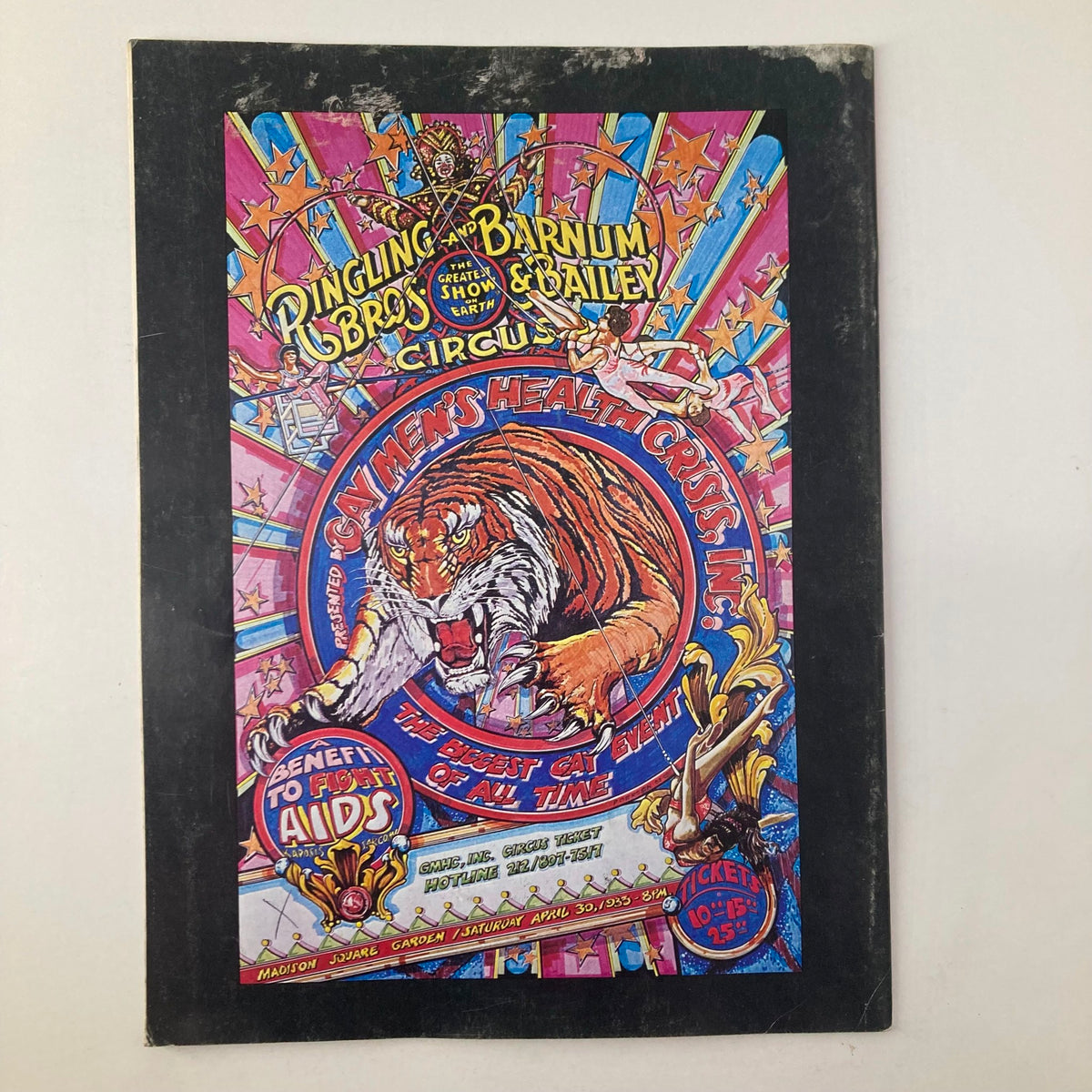 Cover of the August 1982 Ringling Bros and Barnum & Bailey Circus program, featuring a vibrant design supporting the Gay Men's Health Crisis, with a tagline for a benefit event against AIDS.